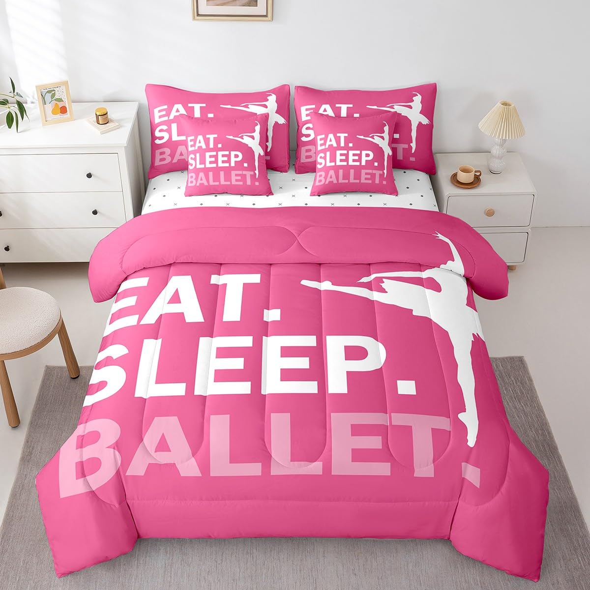 Feelyou Girls Ballet Comforter Set 7 Piece Twin Size Dallet Dancer Bedding Set for Kids Women Ballerina Decor Bed in A Bag Pink Bed in a Bag Boys Bed Set with Sheets, Pillowcases, Pillow Covers