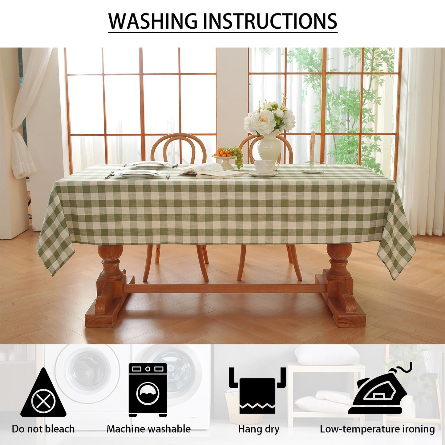 gillhov Gingham Tablecloth Rectangle Checkered Table Cloth Cotton Linen Fabric Wrinkle Free Washable Buffalo Plaid Table Cover for Kitchen Dining Picnic Camping, Green and White, 55 * 55 inch