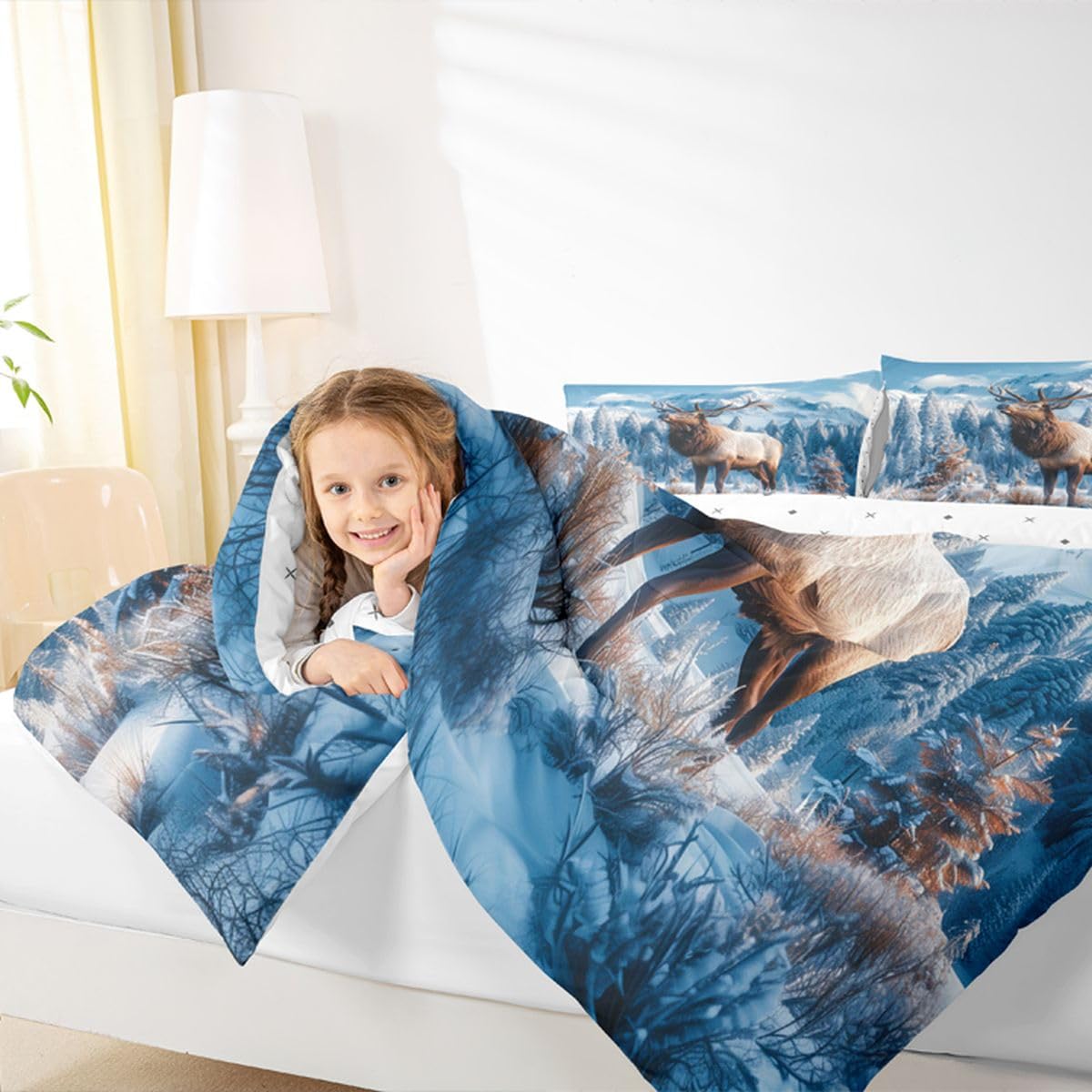 jejeloiu Deer Comforter Set Toddler Size Elk Wildlife Bedding Set for Kids Boys Girls Rustic Cabin Country Duvet Quilt Bedroom Decor Microfiber 2 Pcs with 1 Pillow Cases
