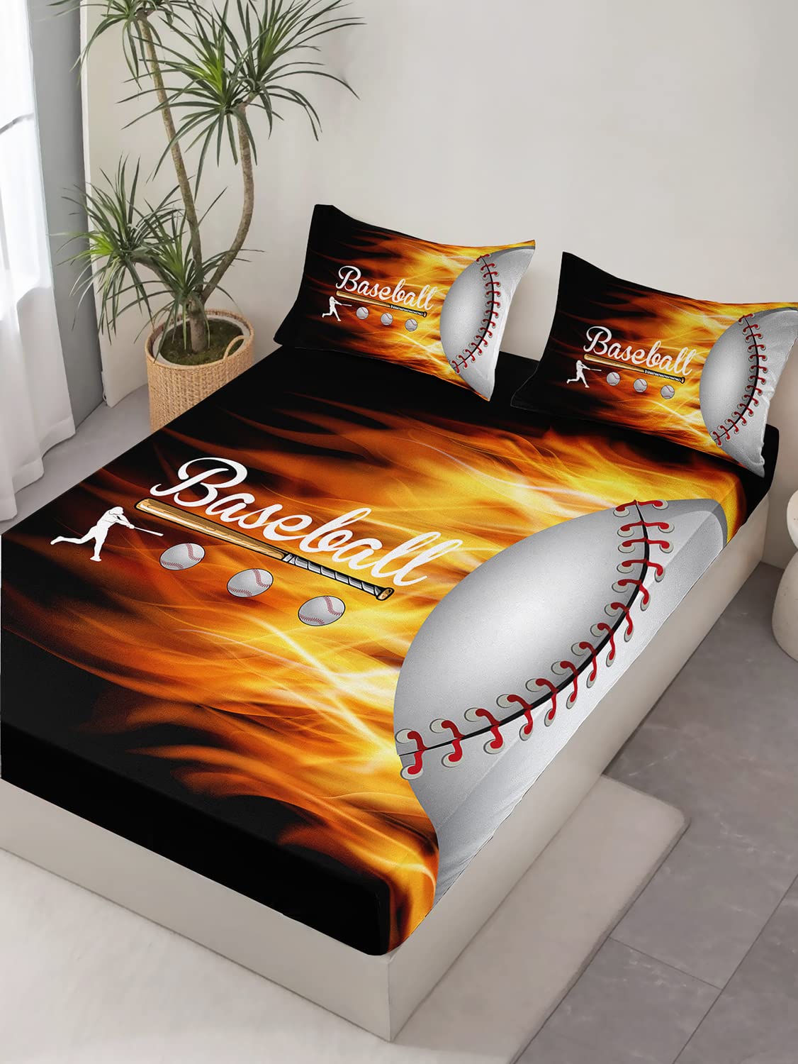 HOSIMA Kids/Teens Sports Baseball Bedding Set,Soft Microfiber Baseball Black Bedroom Fitted Sheet Full Size for Kids Teen Girls Boys Room Decor,1 Fitted Sheet+2 Pillowcases.