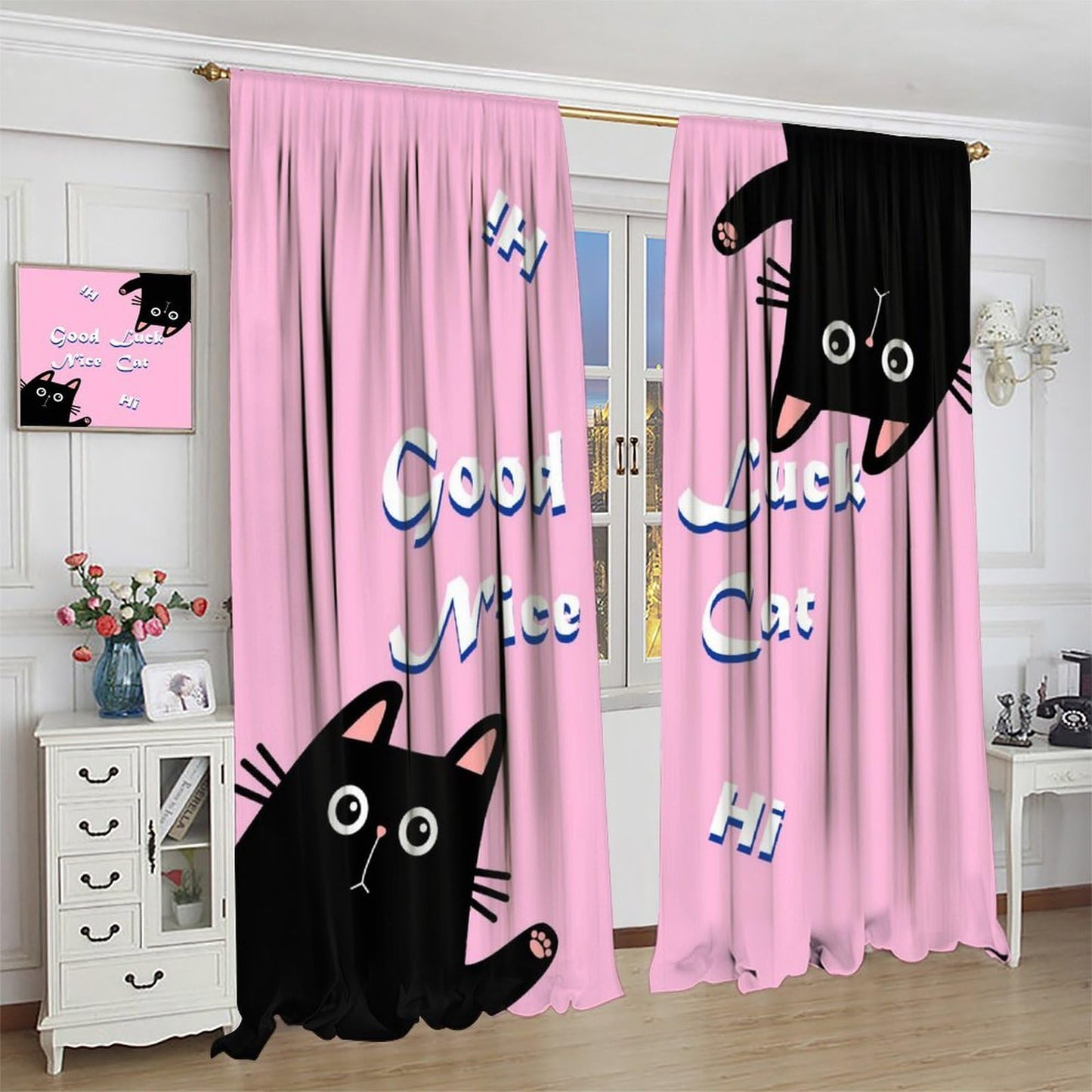 Hazuff Pink Cat Girl Curtains,Cartoon Fantasy Cute Cat Animal Windows Treatments Rod Pocket Drapes for Kids Living Room Bedroom Bathroom 42x44.5in