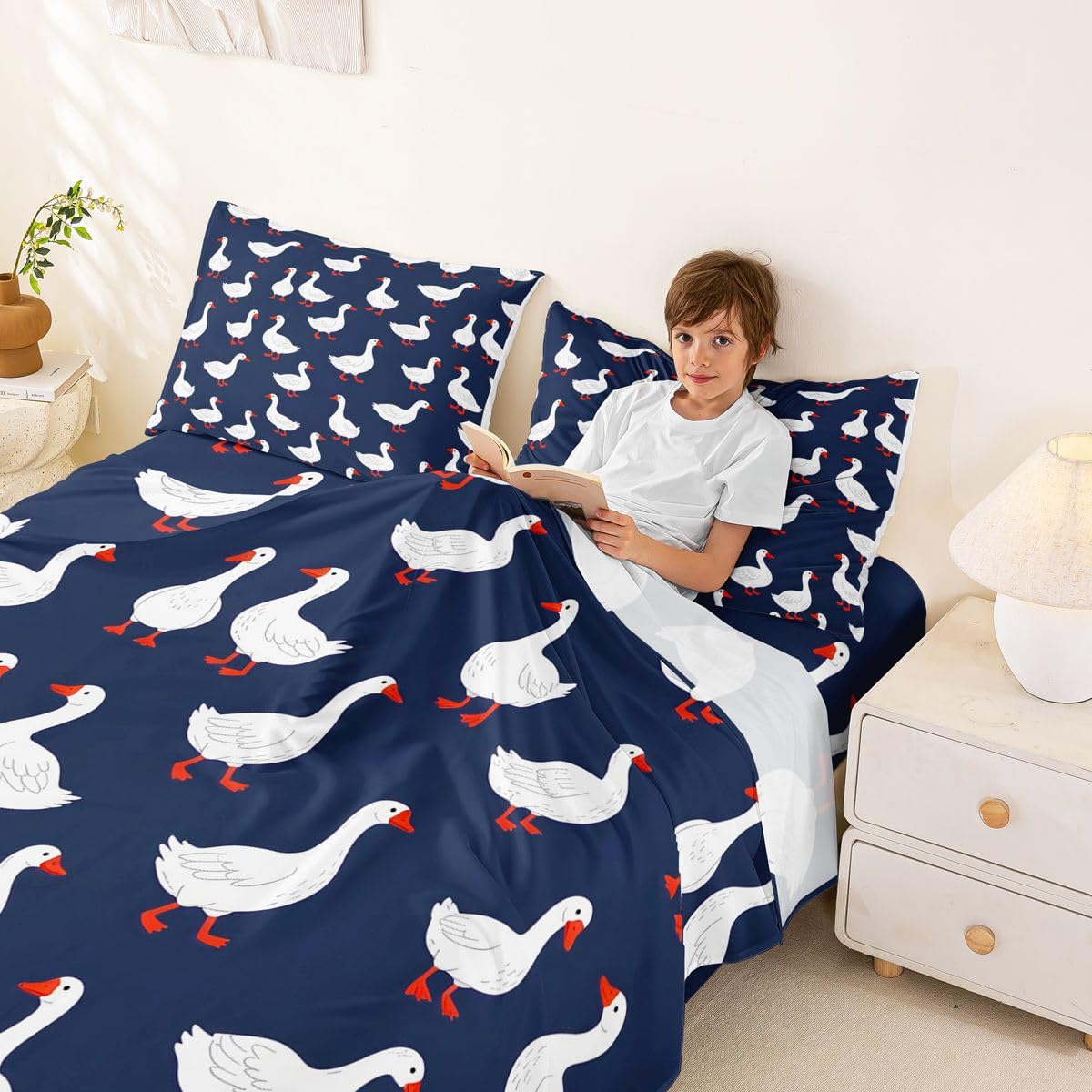 Erosebridal Goose Bed Sheets Set Full Cute Animal Sheet Set White Geese Navy Blue Sheets Funny Kawaii Cartoon Flat Fitted Sheet
