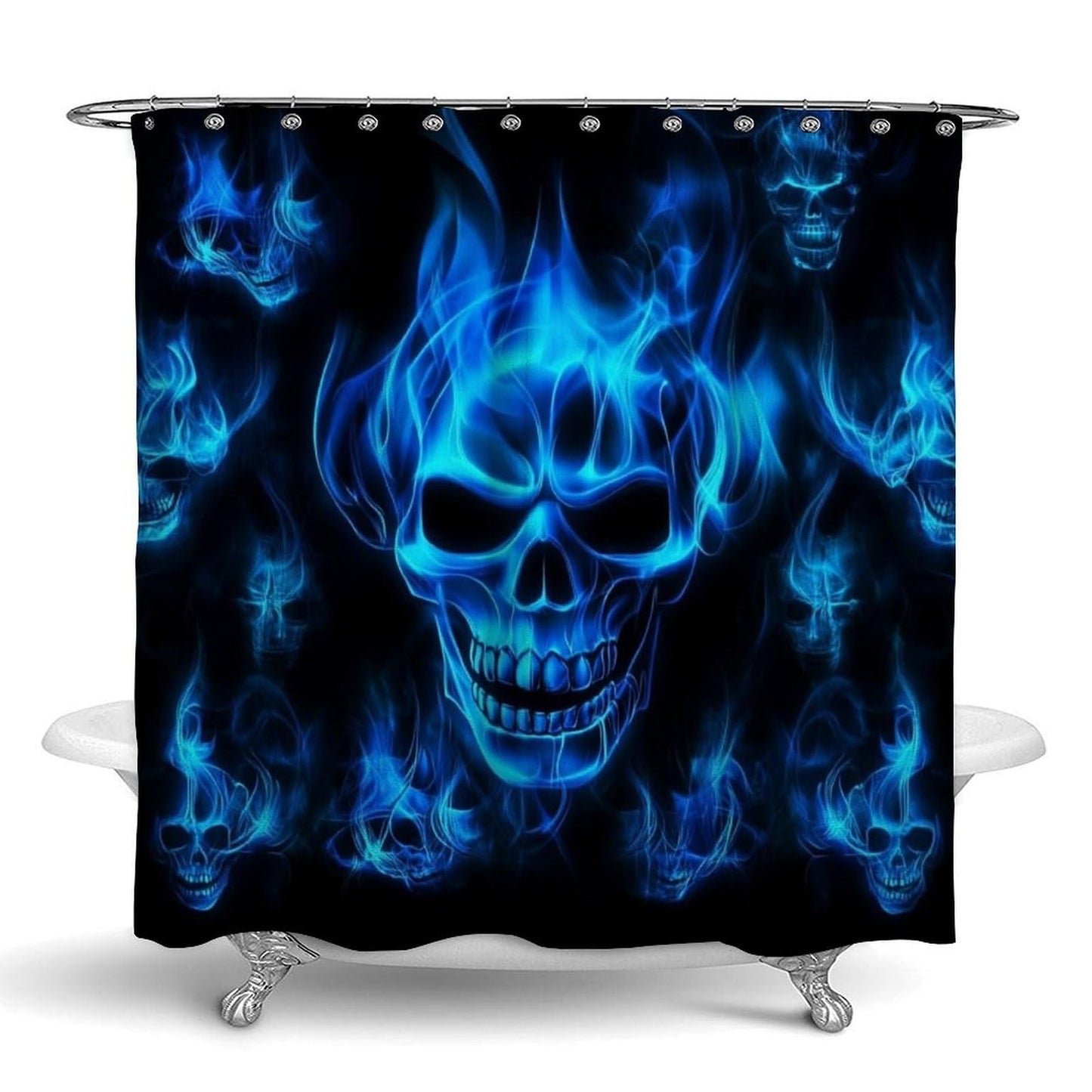 Waterproof Bathroom Decorative Shower Curtain with Curtain Hooks Skull Blue Flame, 72"x 70"