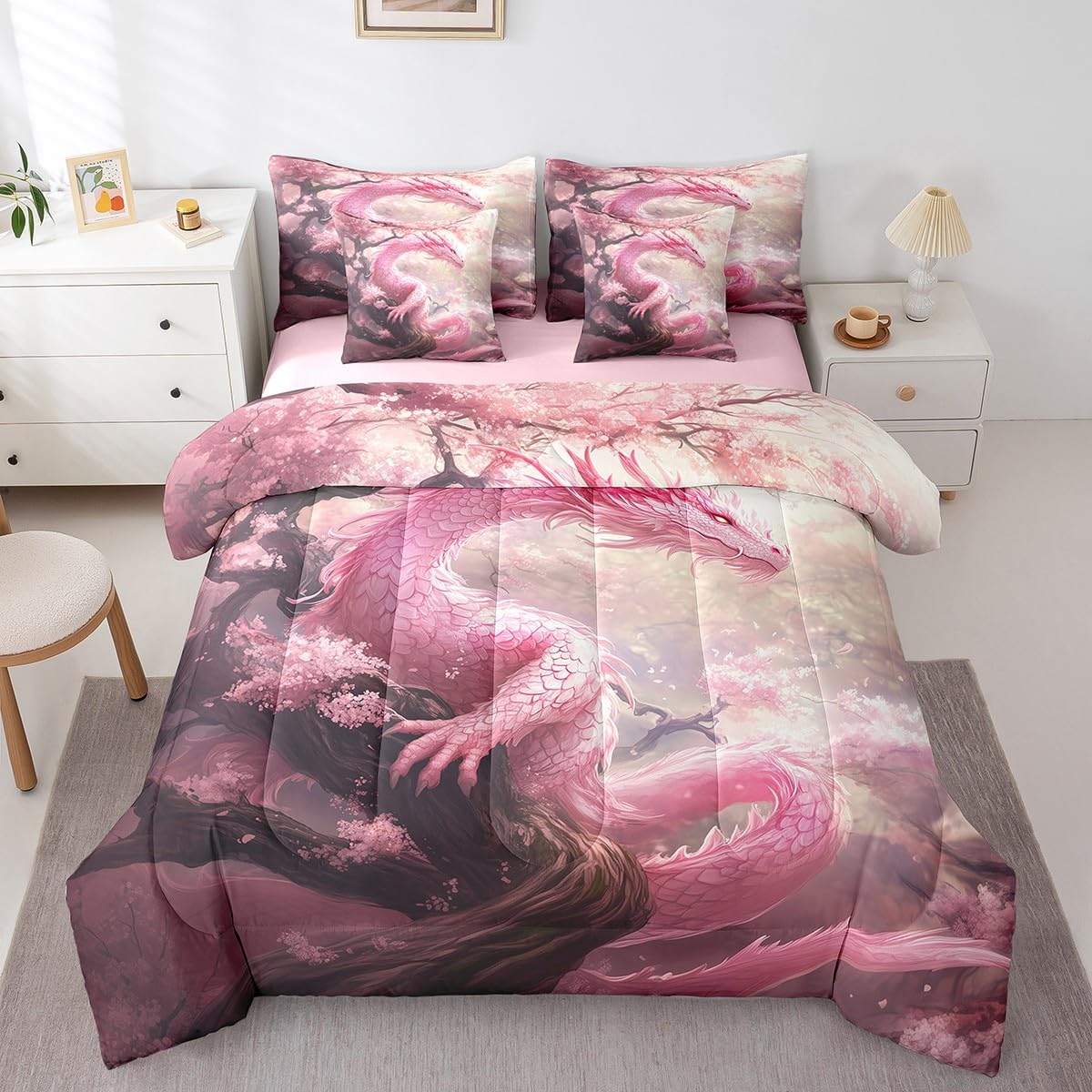 7 Pieces Pink Cherry Flower Comforter Set Queen,Dragon Blossom Bed Set for Kids Boys Girls,Wild Animal Plant Bedding(1 Comforter,1 Fitted Sheet,1 Flat Sheet,2 Pillowcases,2 Throw Pillow Cover)