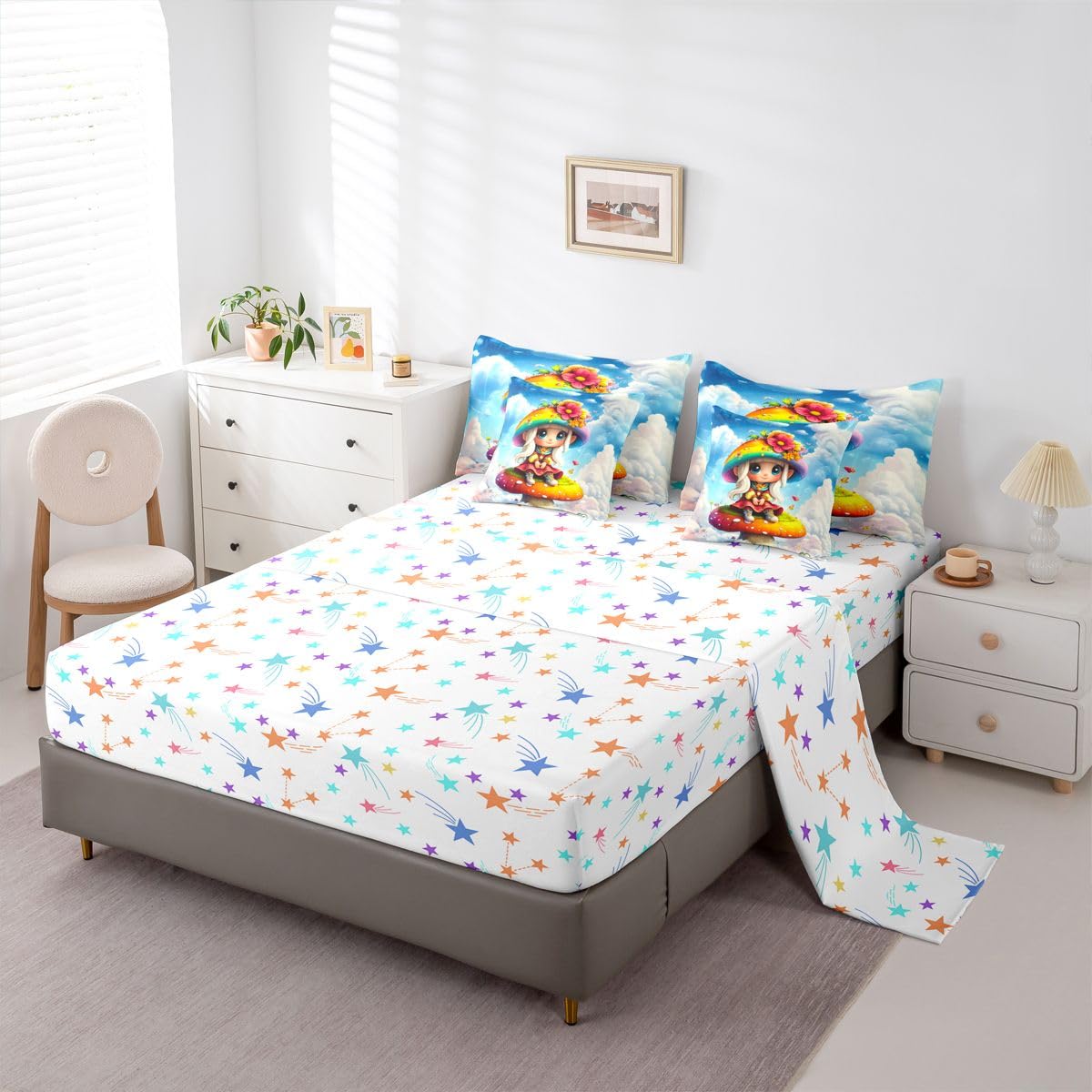 Feelyou Cute Mushroom Decor Comforter Set with Sheets 7 Piece Twin Size Cartoon Mushrooms Bed in a Bag Kids Boys Girls Kawaii Fungus Bedding Set Rainbow Bedroom Decor Breathable Soft Lightweight