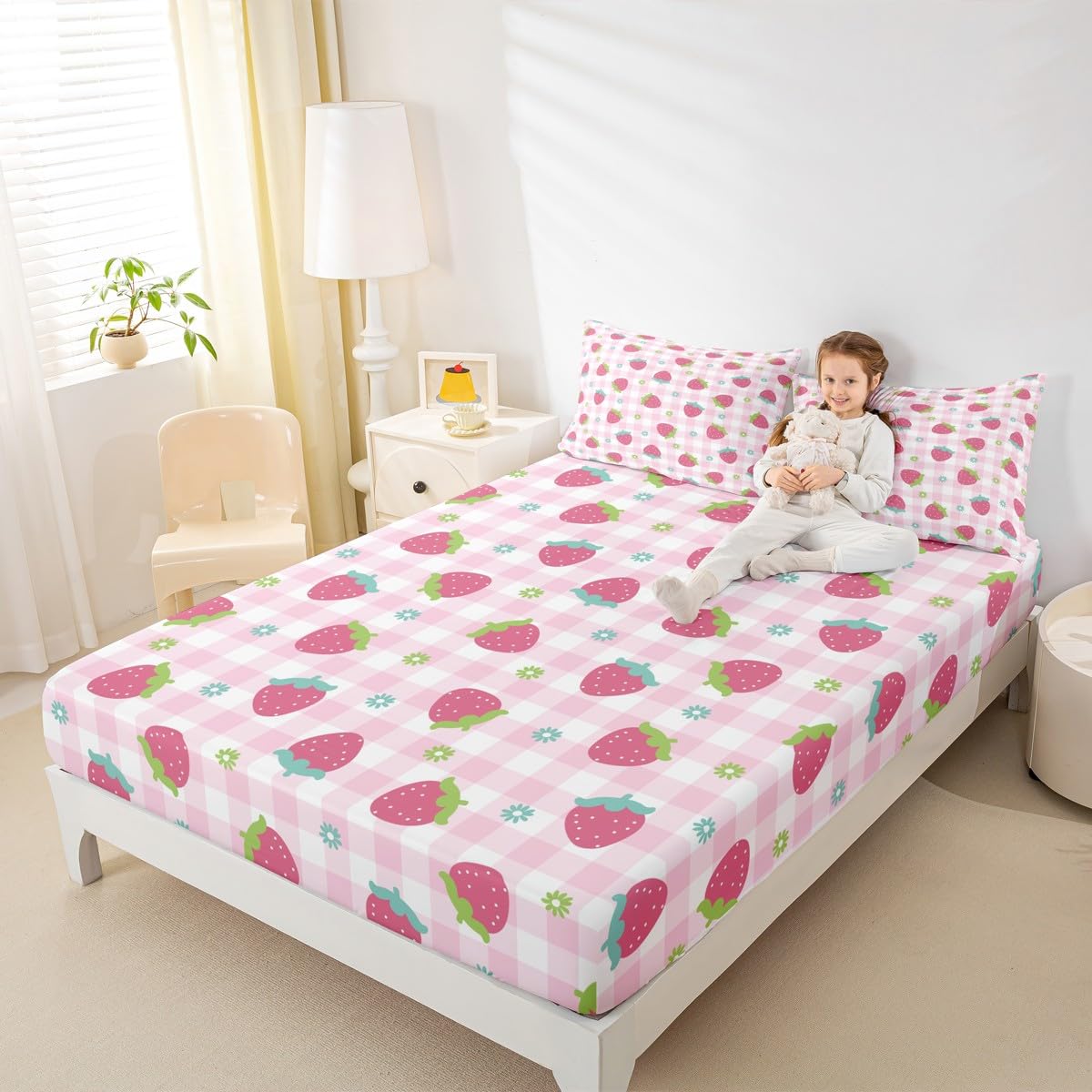 Girls Strawberry Bed Sheet Set Twin Kids Pink Buffalo Check Bedding Set Cute Strawberries Fruit Fitted Sheet Kawaii Room Decor Soft Geometric Grid Plaid Bed Cover with 1 Pillow Case, No Flat Sheet