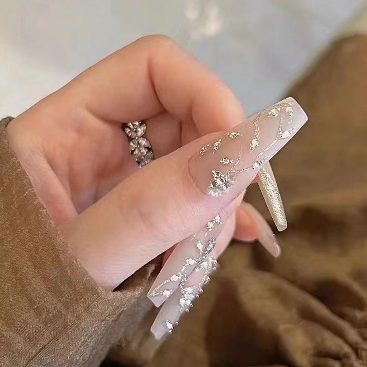 MISUD Press on Nails - Long Coffin Glue on Nails with Bling Glitter Rhinestone, Acrylic Nude Design 24 pcs