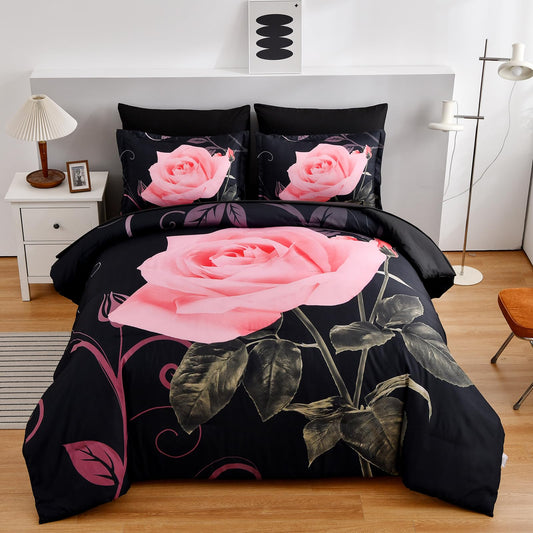 Xruibed Blush Comforter Set King 7 Piece Bed in a Bag Blush Rose Flower Comforter with Sheet Set Soft Micorfiber Bedding Set (1 Comforter,2 Pillow Shams,1 Flat Sheet,1 Fitted Sheet,2 Pillowcases)