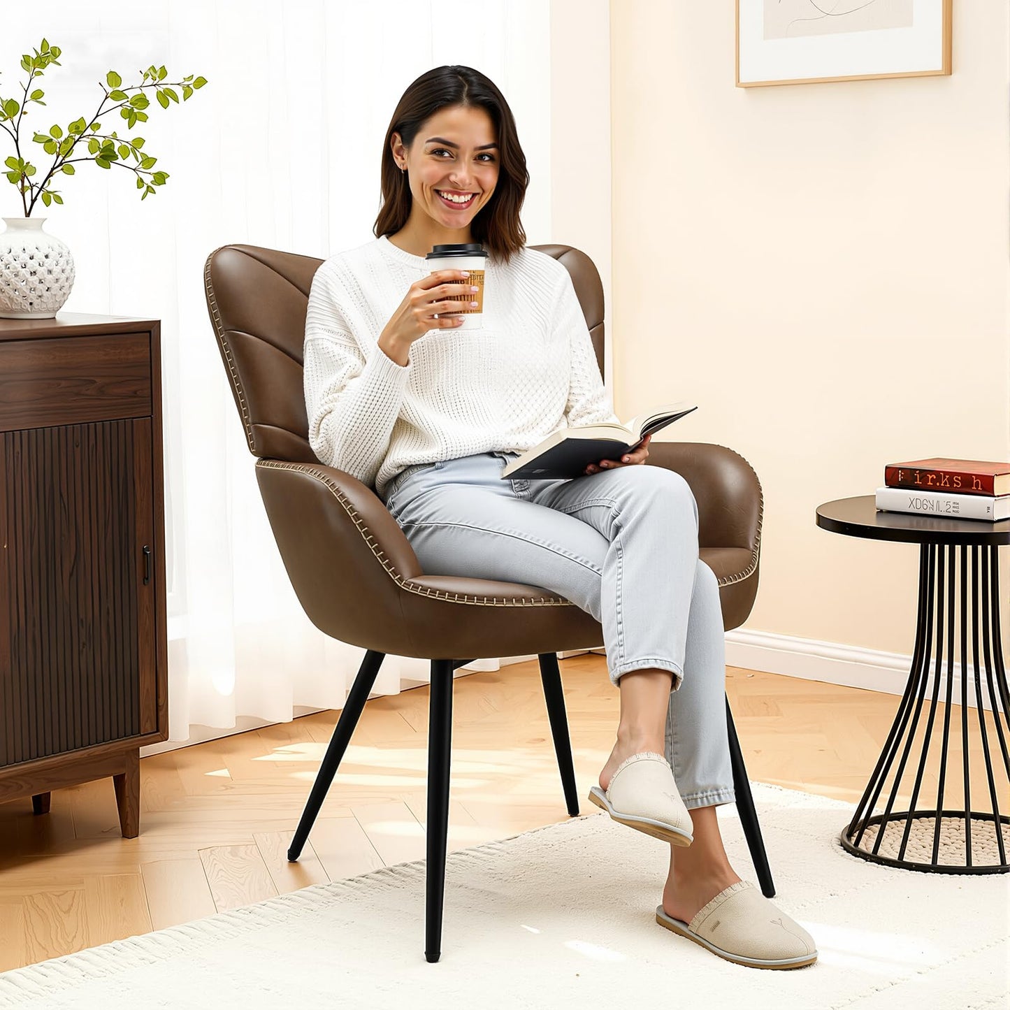 MALOL Modern Mid-Century Faux Leather Accent Chair, Upholstered Armchair with Curved Backrest, Sturdy Metal Base, Living Room, Bedroom & Reading Nook,Brown
