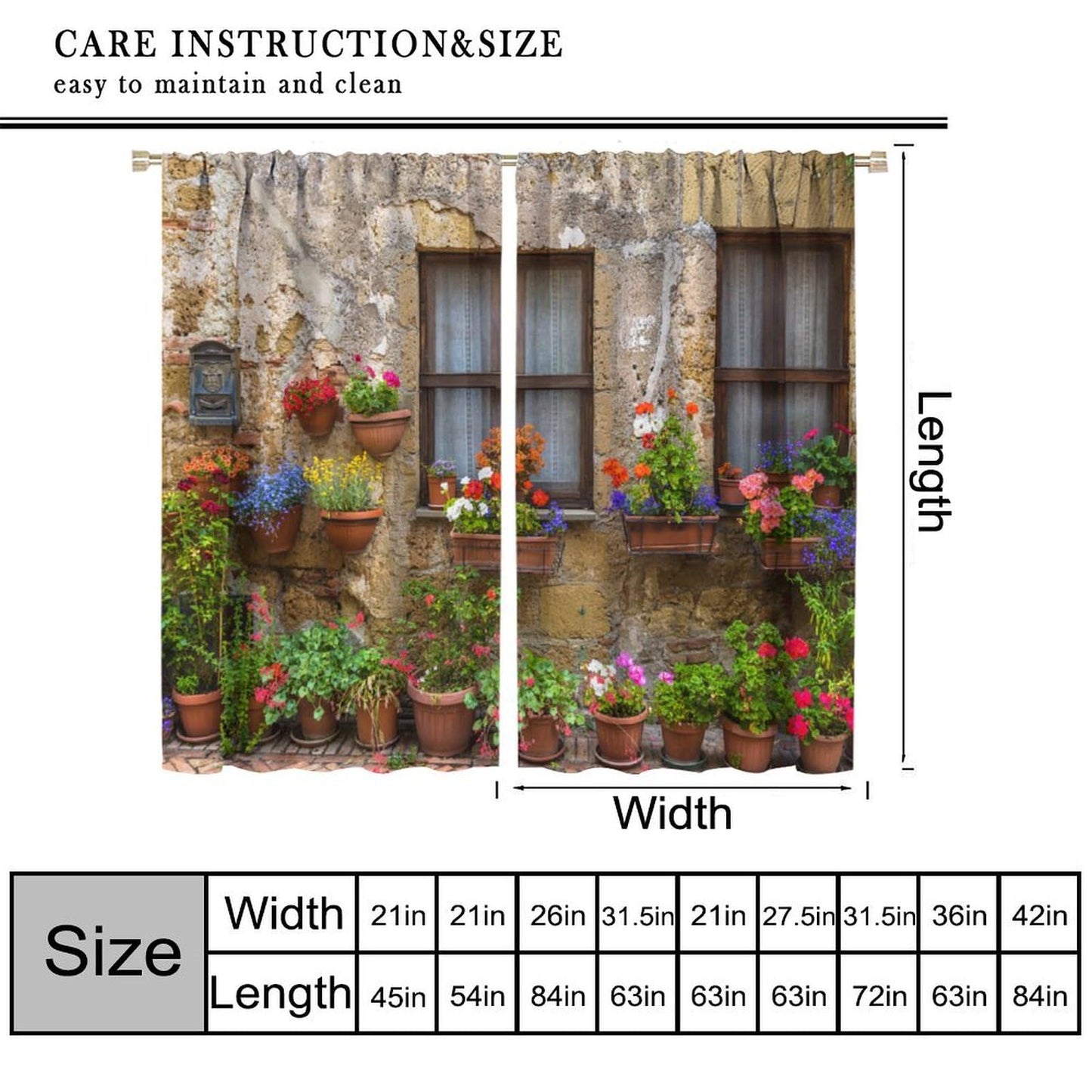 DDCBNS ltalian Style Curtains Old Stone Wall Flowers Printed Window Treatments for Bedroom Living Room Kitchen Café European Town Scenery Décor Drapes 2 Panel Sets Total Size 42" x 45"
