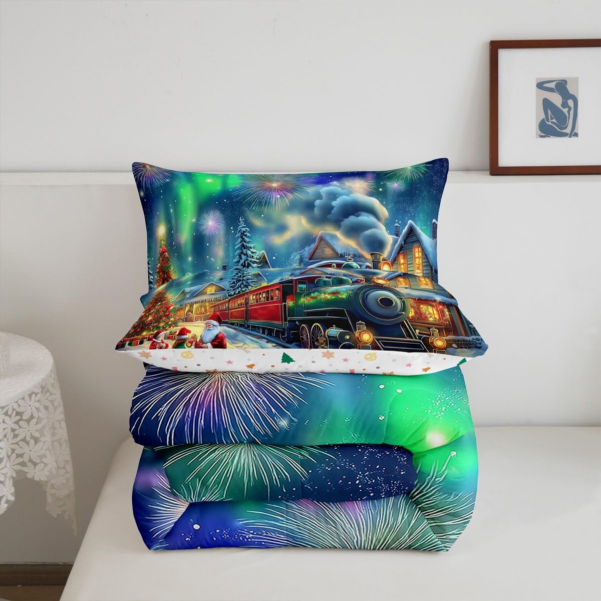 Erosebridal Aurora Train Twin Comforter Set,Steam Train Bedding Set Xmas Gifts for Boys Girls Kids,Christmas Tree Santa Claus Quilt Bed Set Winter Scene Bed Comforter Set 2Pcs Bedroom Decor