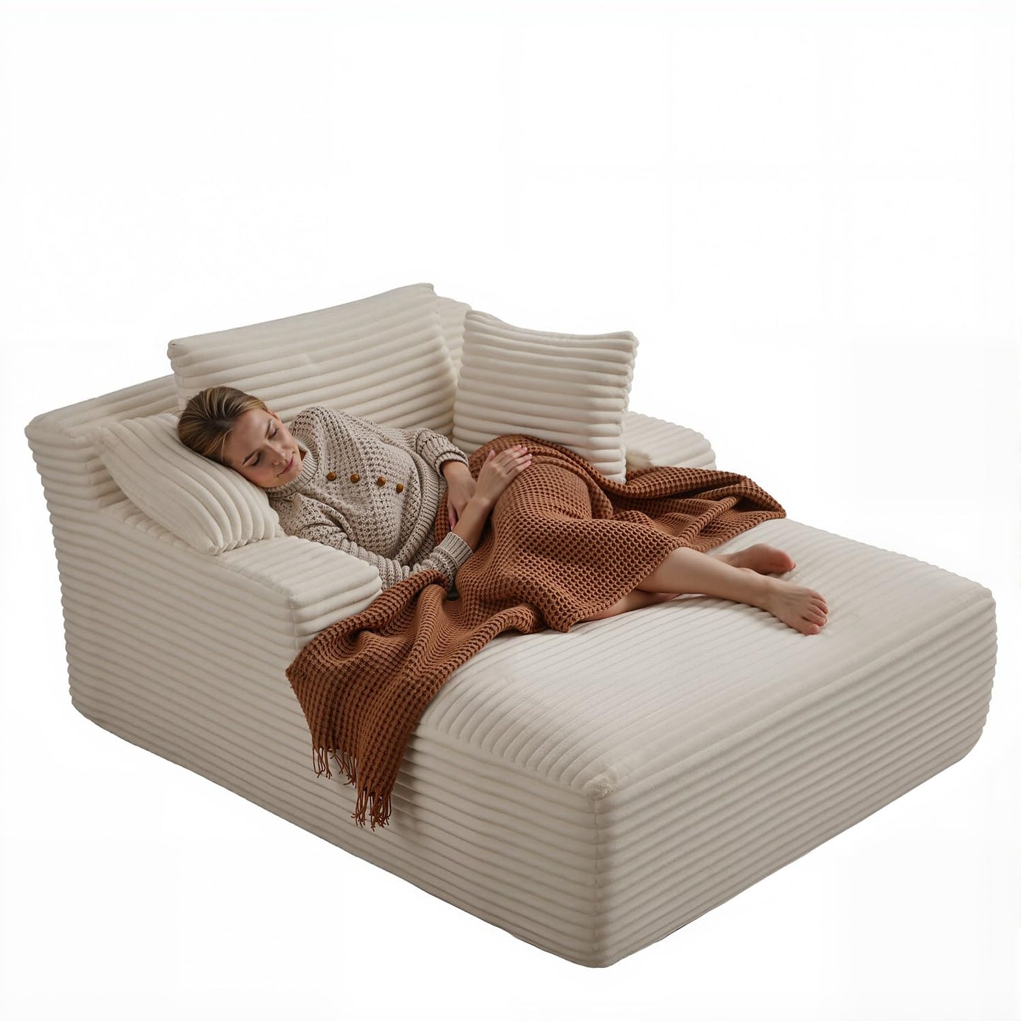 67 Inch Chaise Lounge Chair Indoor, Oversized Corduroy Upholstered Boneless Sofa Bed, Deep Seat Sleeper Couch Reading Chairs, Cloud Sofas Couches for Living Room, No Assembly Required (Beige)