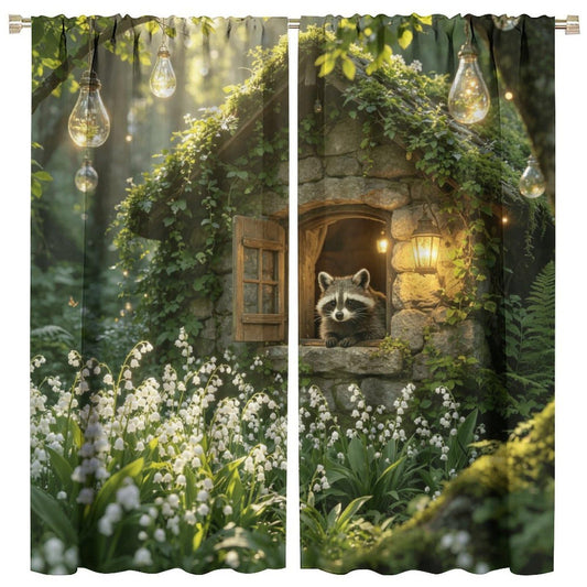 SGLyuliang Enchanted Forest Curtains for Living Room Bedroom, Magical Fairy Tale Print Window Drapes, Mystical Nature Scenery Home Decor, Stone Cottage with Cute Raccoon, 2 Panel Set W42xL45 Inch