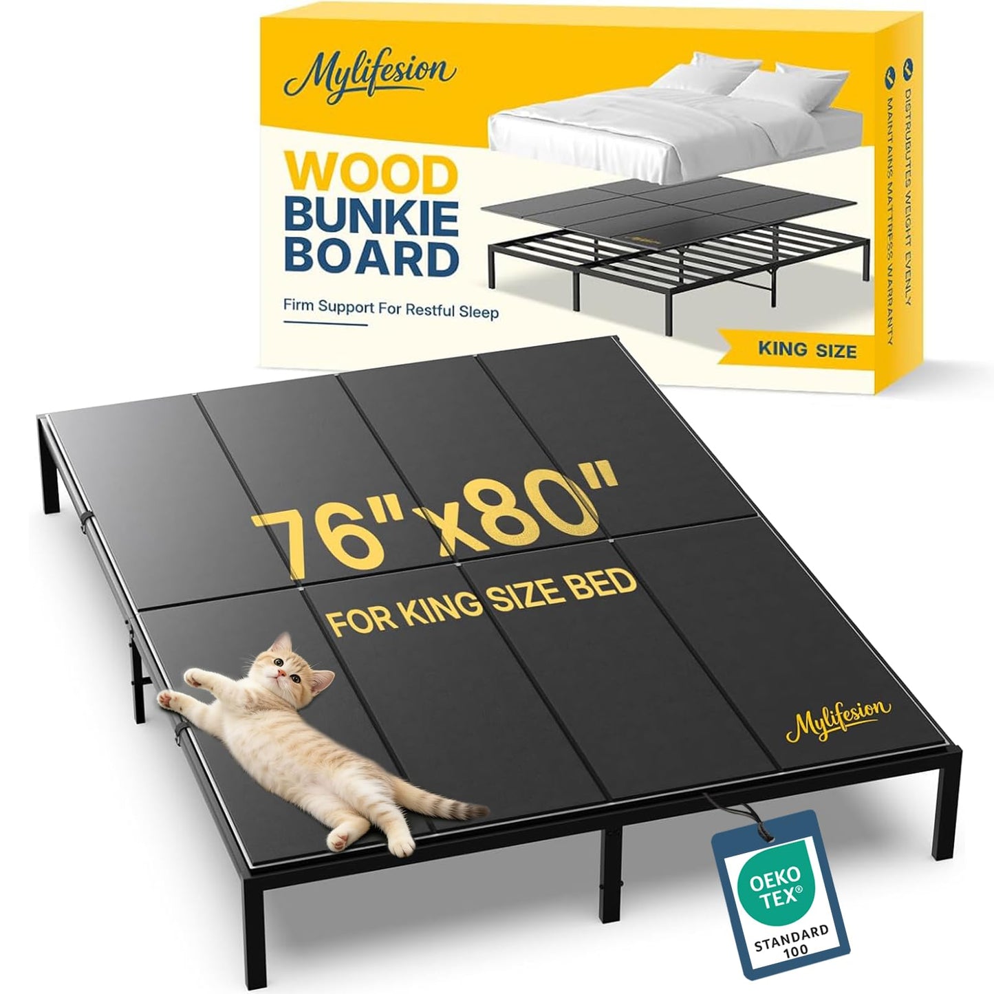 Bunkie Board King Size (76x80'') - Extra Sturdy Wood Bed Boards for Slatted Metal Frame, Sleeper Sofa Support Board to Stop Sagging Mattress, Breathable, Quiet, Anti-Slip and Moisture-Resistant