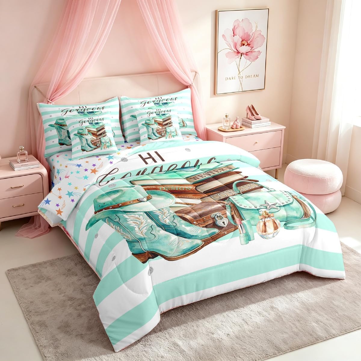 Feelyou Book Comforter Set with Sheets 7 Piece Full Size Green White Bed in a Bag Kids Boys Girls Perfume Bedding Set Stripes Bedroom Decor Western Decor Breathable Soft Lightweight Microfiber