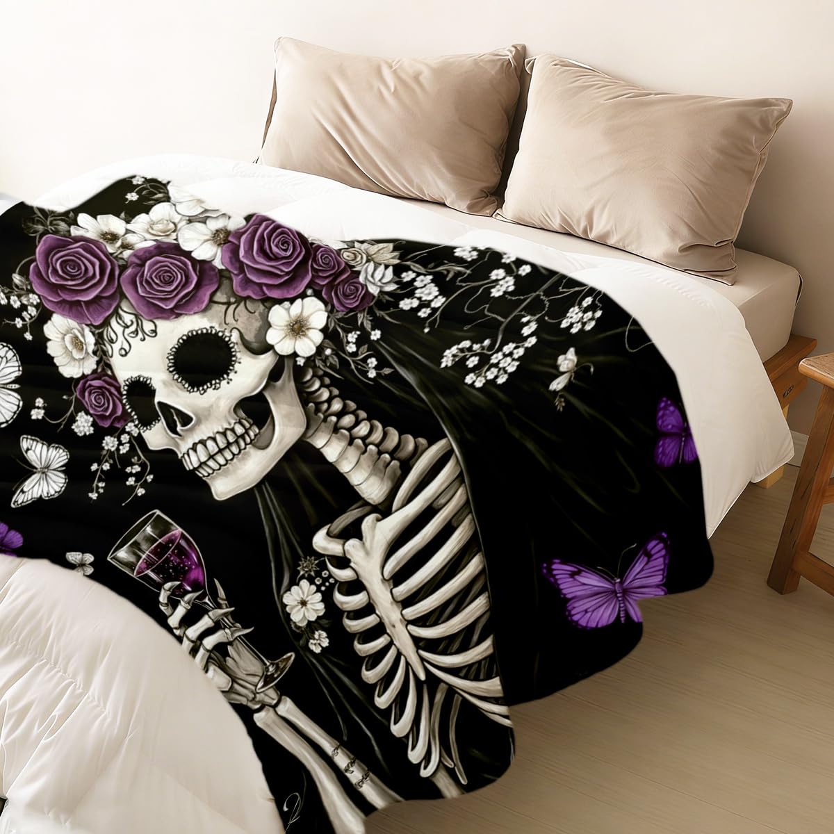 HUNXIAOJ Sugar Skull Blankets and Throws Day of the Dead Blankets Floral Butterfly Skeleton Decor Flannel Gothic Bed Sofa Halloween Home Soft Cozy Mexican Decor Gifts 49"x59"