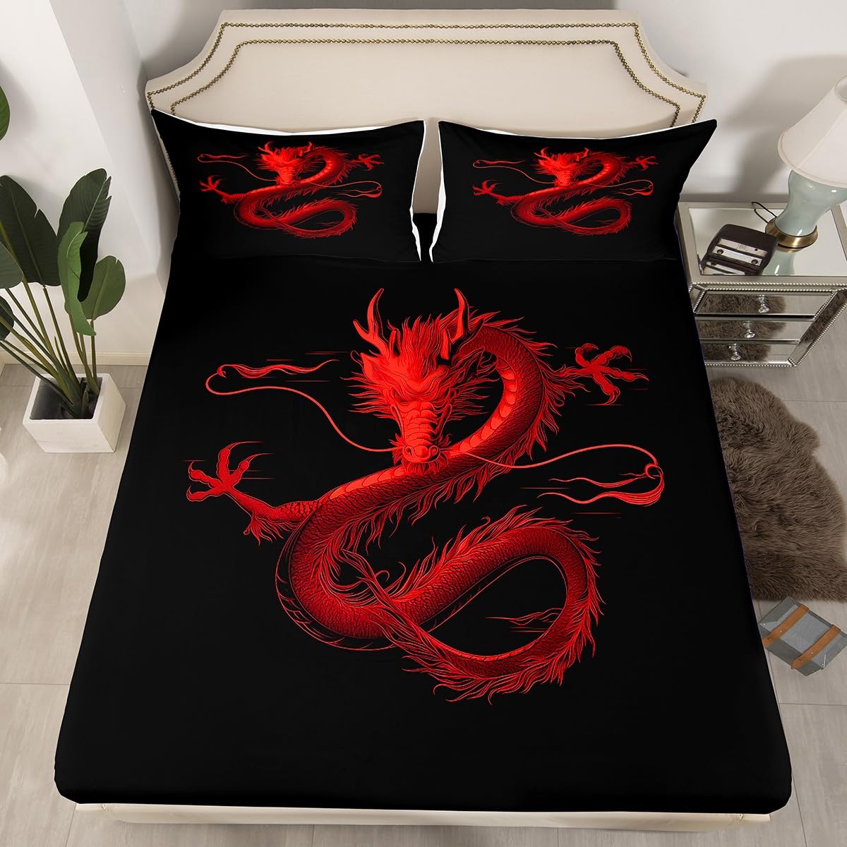 Feelyou Dragon Monster Bedding Sheets Full Red Dragon Bed Sheet Set for Adult Kids Classical Monster Fitted Sheet Black Red Cool Bed Cover 3Pcs,1 Fitted Sheet+2 Pillow Sham（No Flat Sheet）