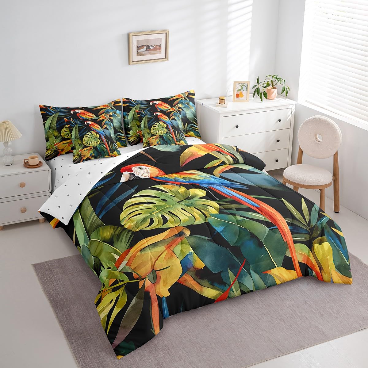jejeloiu Parrot Comforter Set 7 Pieces Full Size Kids Tropical Leaves Bed in a Bag for Boys Girls Botanical Bedding Set Nature Summer,Comforter + Sheets + Pillowcases + Cushion Covers