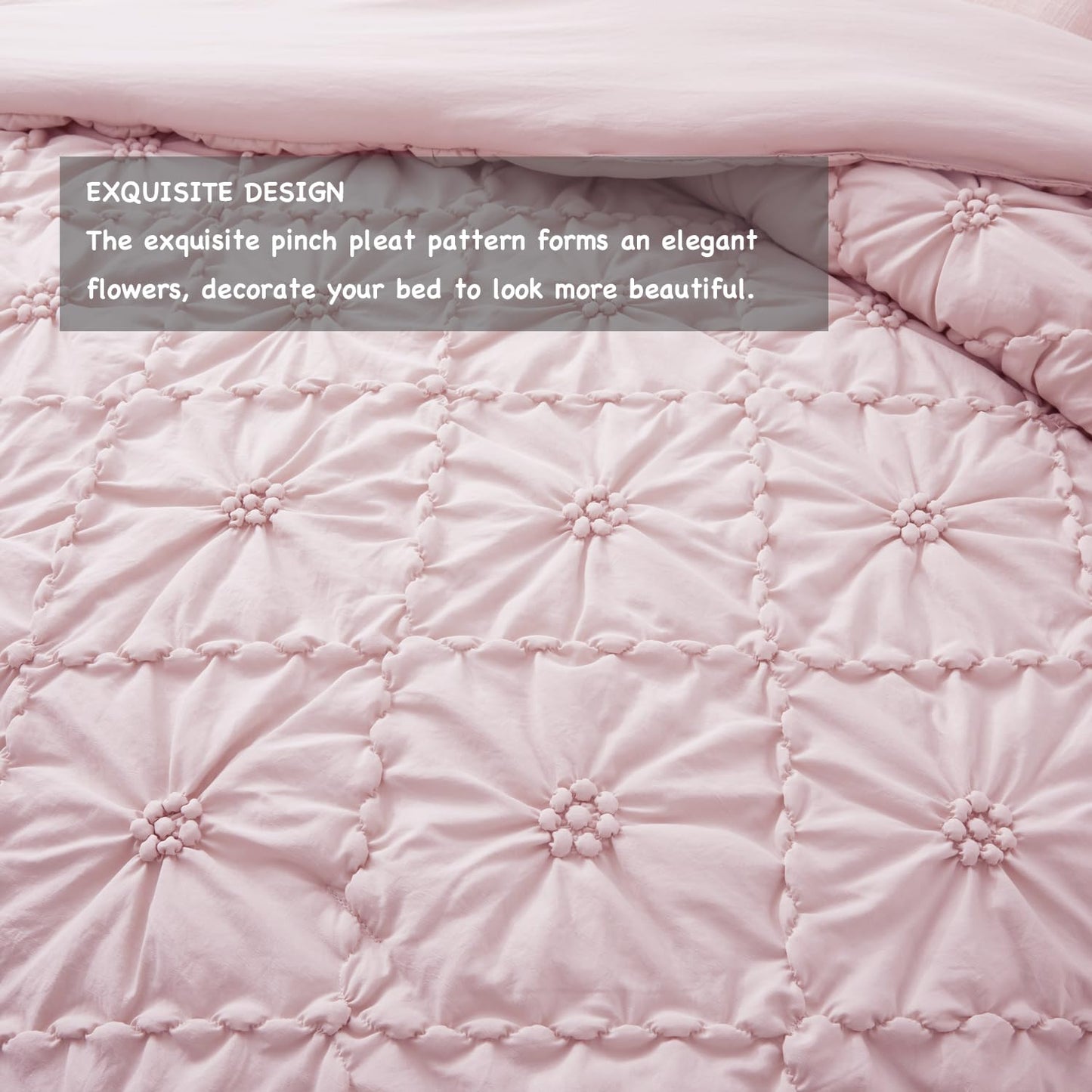 BEDAZZLED King Size Comforter Sets, Pink Bedding Comforter Set, 3 Pieces Pinch Pleat Bedding Sets with Comforter and Pillowcases Soft Farmhouse Shabby Chic Comforter for All Seasons