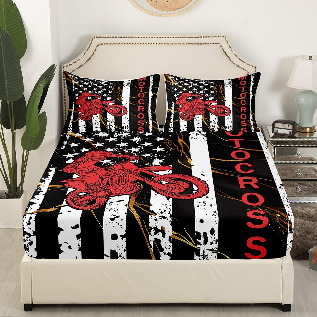 Dirt Bike Fitted Sheet for Teens, American Flag Bedding Set Twin, Motocross Rider Extreme Sport Bed Sheet United States Federations Stars Fitted Bed Sheets for Kids Boys Adult, Black White White