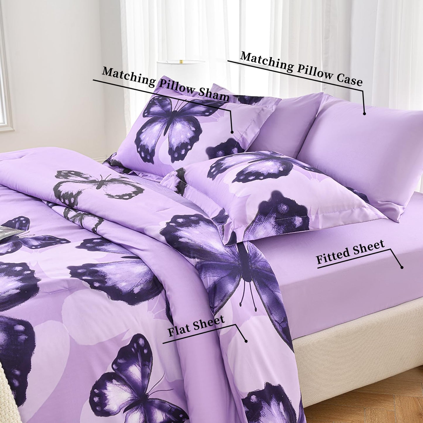 ARTALL Bed in A Bag Twin Size 5 Pieces, Purple Big Butterfly Bedding Comforter Set All Season Bed Set with Comforter, Pillow Sham, Flat Sheet, Fitted Sheet, Pillowcase