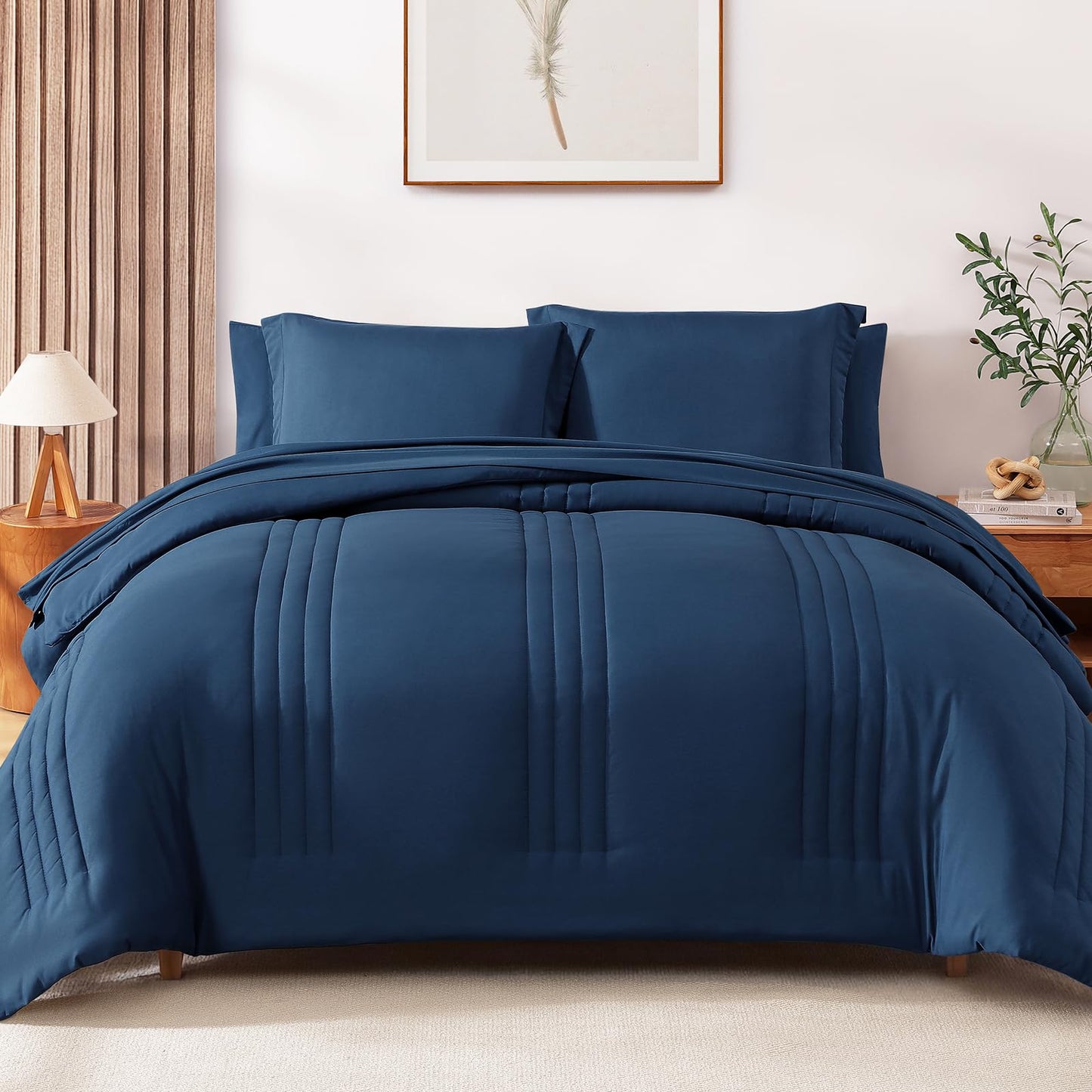 Monbix Queen Comforter Set - 7 Pieces Serenity Blue Bed in a Bag, Queen Size Bedding Sets with Comforters, All Seasons Comforter with Sheets,Pillowcases & Shams