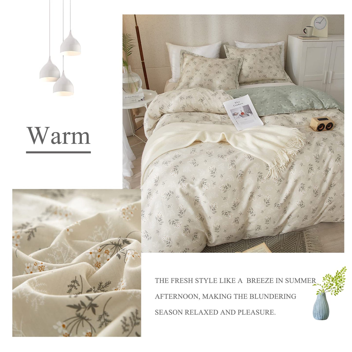 VM VOUGEMARKET Garden Flower Duvet Cover Set Queen Cotton Aesthetic Bedding Set Reversible Duvet Cover with 2 Pillow Shams,Blooming Comforter Cover for Girls