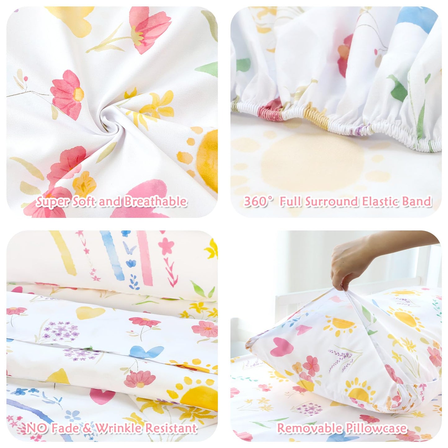 Pea Pod Toddler Bedding Set for Girls, 4 Piece Soft & Breathable Rainbow & Sun Crib Bedding Set, Bed-in-A-Bag Toddler Microfiber Sheet Set, Includes Comforter, Flat Sheet, Fitted Sheet, Pillowcase