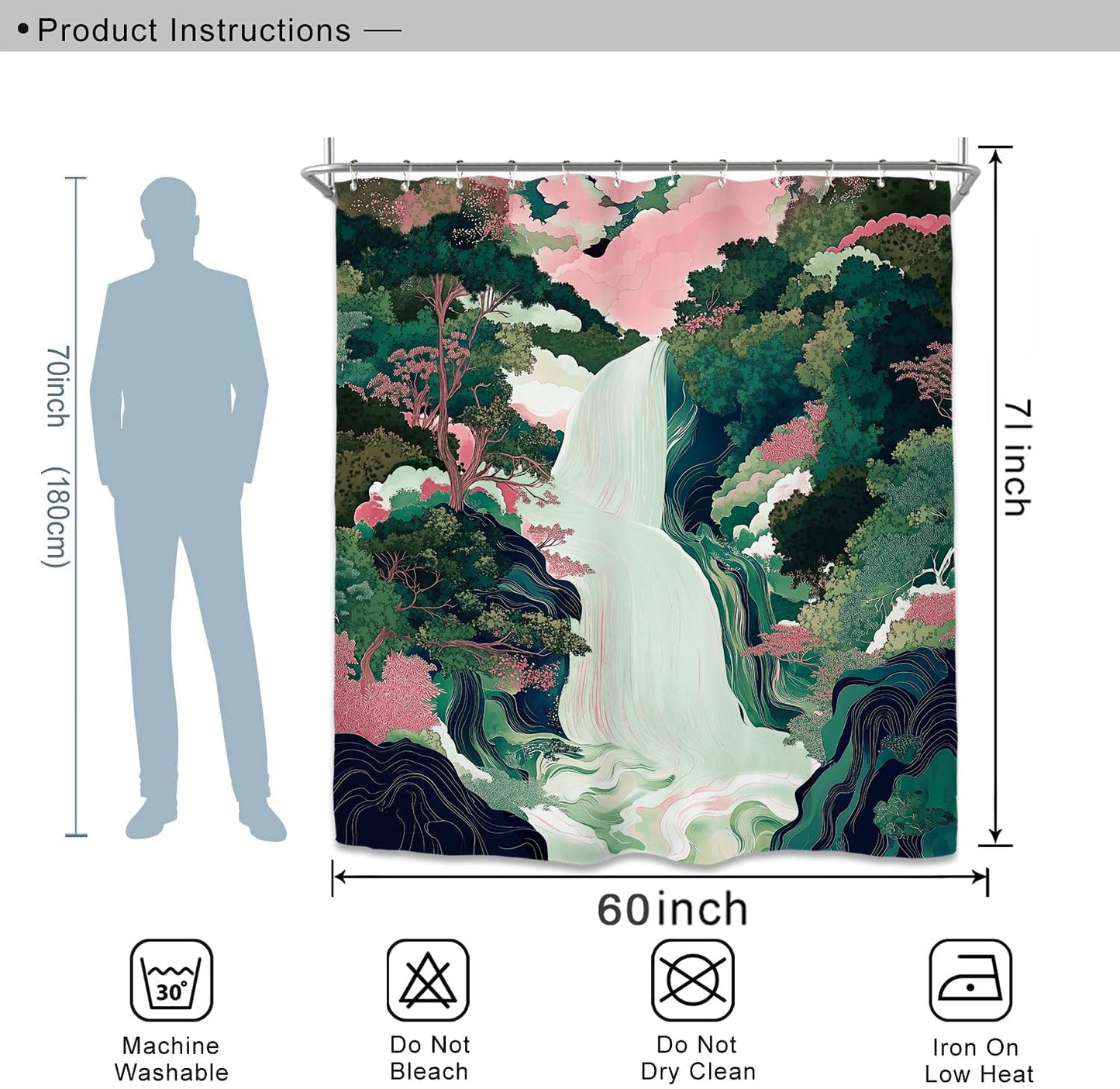 Miyotaa Abstract Waterfall Forest Shower Curtain Set 60Wx71H Inches Emerald Green Pink Japanese Aesthetic Landscape Scene Forest Tree Polyester Waterproof Bathroom Curtain with 12 Hooks