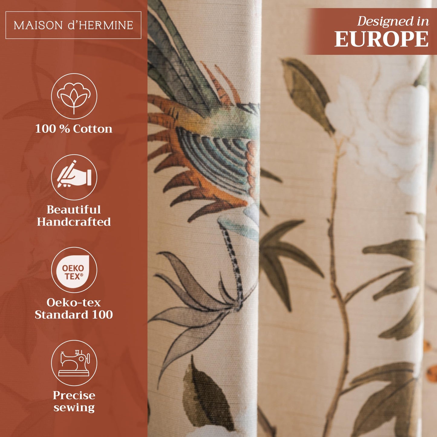 Maison d' Hermine Curtains for Living Room 100% Cotton 96 inch Length One Panel Light Filtering Curtains for Windows with Rod and Loop Pockets Spring Summer (Hokuzai - Beige, 50" W x 96" L)