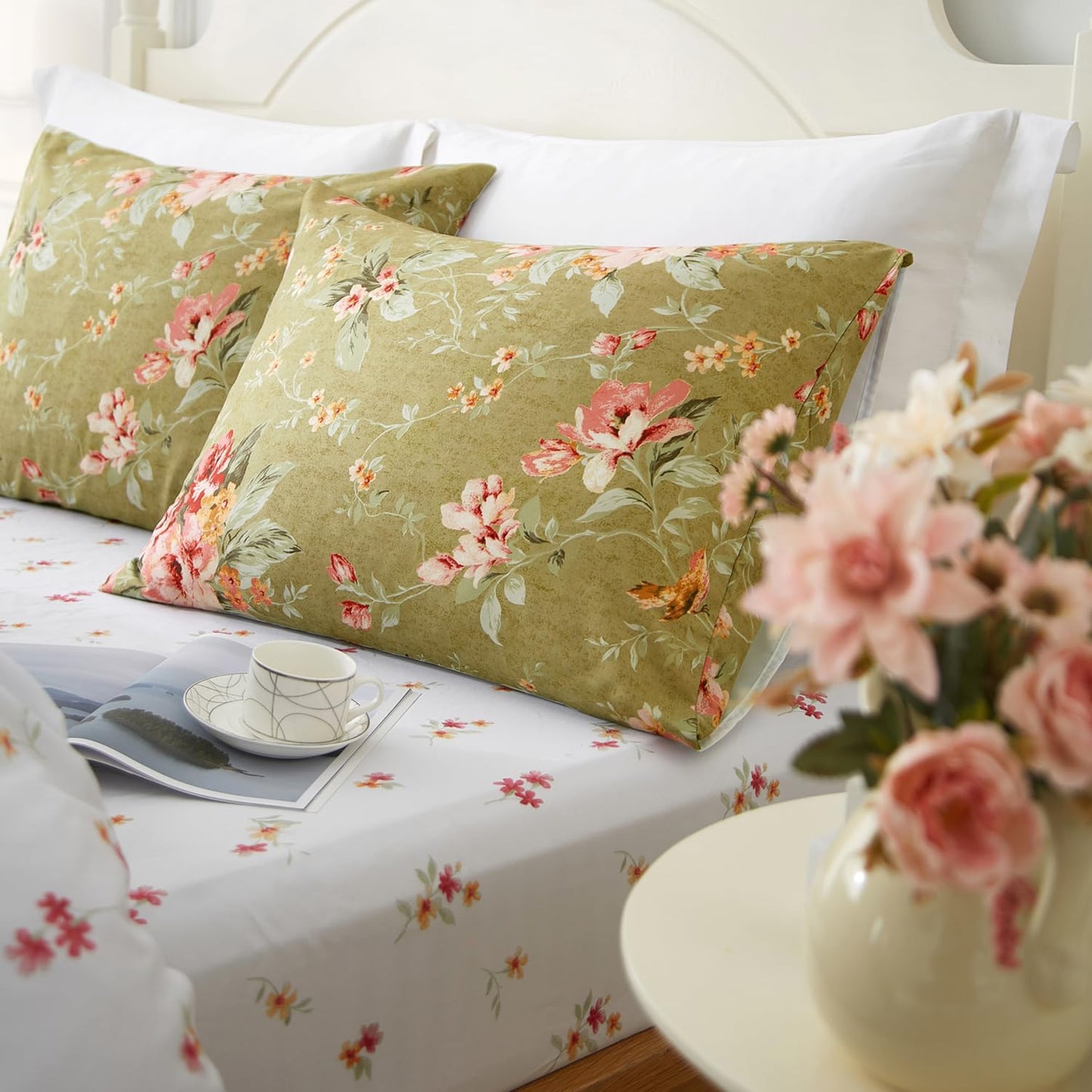 mixinni Duvet Cover King Size, Long Staple Cotton Reversible Green Floral Duvet Cover Set with Zipper Ties, 3 Pieces Botanical Pink Flowers and Green Branches Patterns Bedding Set