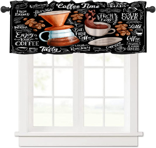 AAVEUP Coffee Valance Curtains for Kitchen,Vintage Black Hand Painted Delicious Latte Window Valances Short Panel Blackout Treatment Drapes for Bathroom Bedroom Cafe Restaurant 54x 18 in