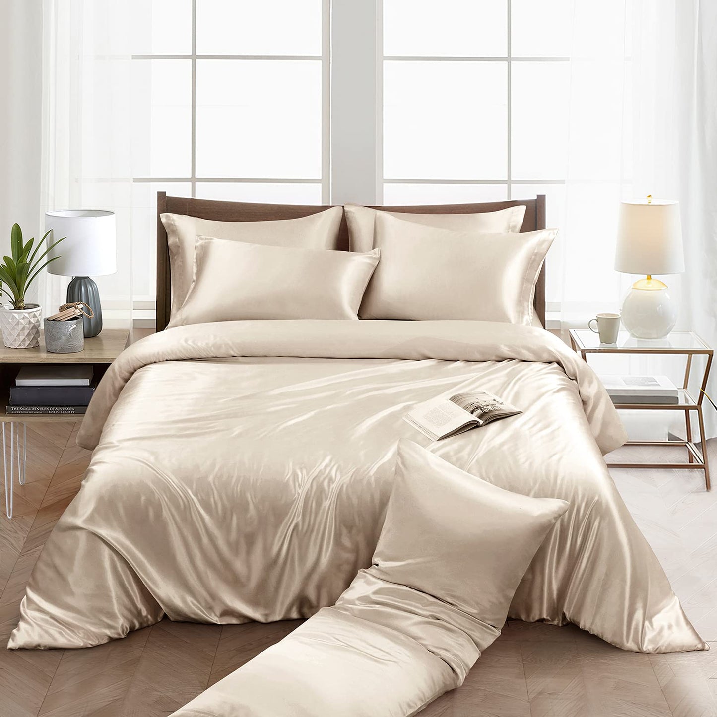 Ersmak 6 Pieces Satin Duvet Cover King Size Luxury Silky Bedding Duvet Cover Set with 1 Soft Duvet Cover, 4 King Pillowcases and 1 Body Pillowcase, Beige
