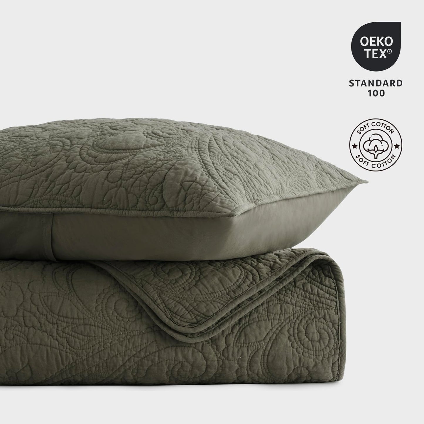 EVERGRACE 100% Cotton Paisley Quilt Set, Queen Size 3 Piece Set – Prewashed Lightweight Bedspread with 2 Shams, Soft & Breathable Matelasse-Style Quilted Coverlet, Olive Green