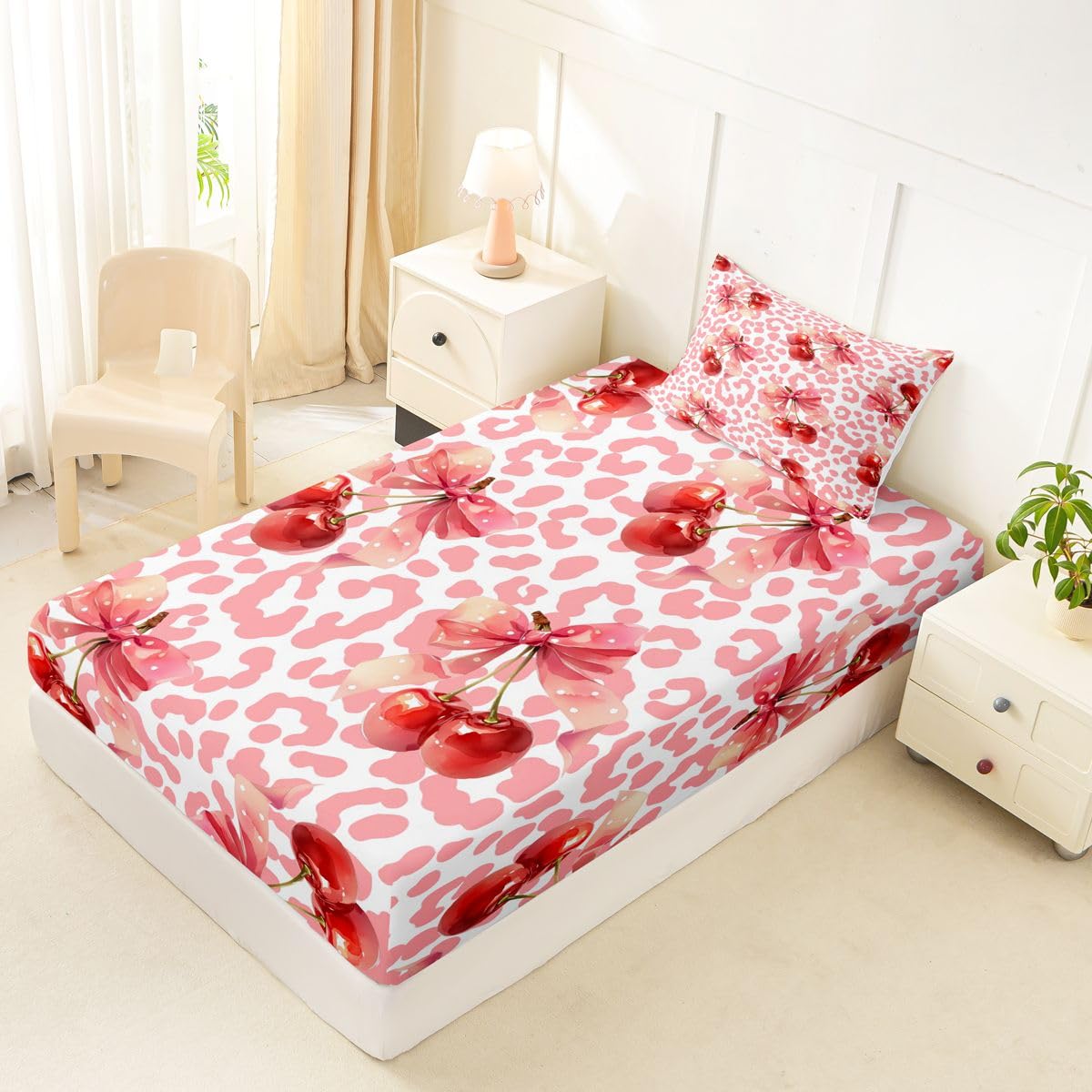jejeloiu Pink White Cherry Bow Fitted Sheet Twin Size for Kids Boys Girls Dreamy Princess Bowknot Bed Sheets Set 16" Deep Pocket Leopard Print Bowknot Bedding with 1 Pillowcase Room Decor