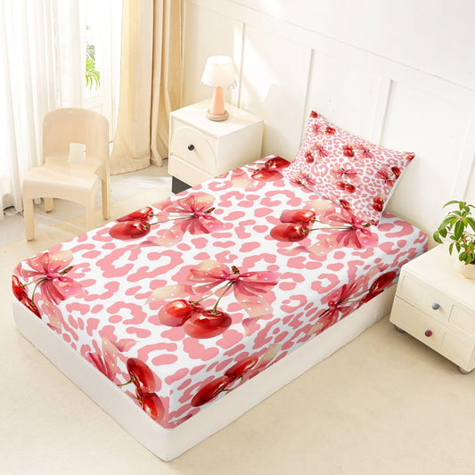 jejeloiu Pink White Cherry Bow Fitted Sheet Twin Size for Kids Boys Girls Dreamy Princess Bowknot Bed Sheets Set 16" Deep Pocket Leopard Print Bowknot Bedding with 1 Pillowcase Room Decor