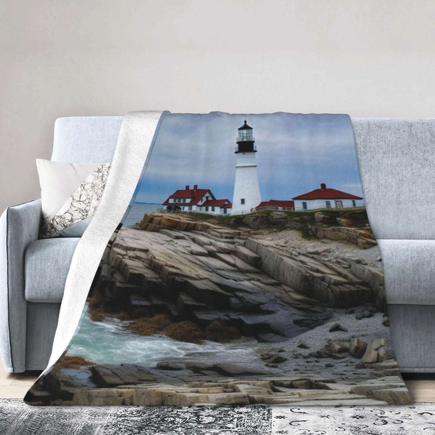 Dewoofly Sea Lighthouse Washable Flannel Throw Blankets, Blanket for Bed Couch Sofa, All Seasons Home Camper Travel 60"x50"