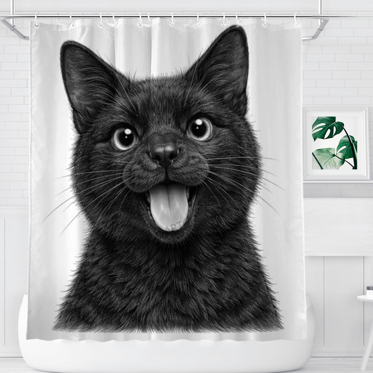 LFINKARTGOGO Sketch Black Cat Shower Curtain 72x72 Inch with 12 Hooks Black White Animal Portrait Bathroom Decor Cute Animal Waterproof Washable Polyester Bath Curtain