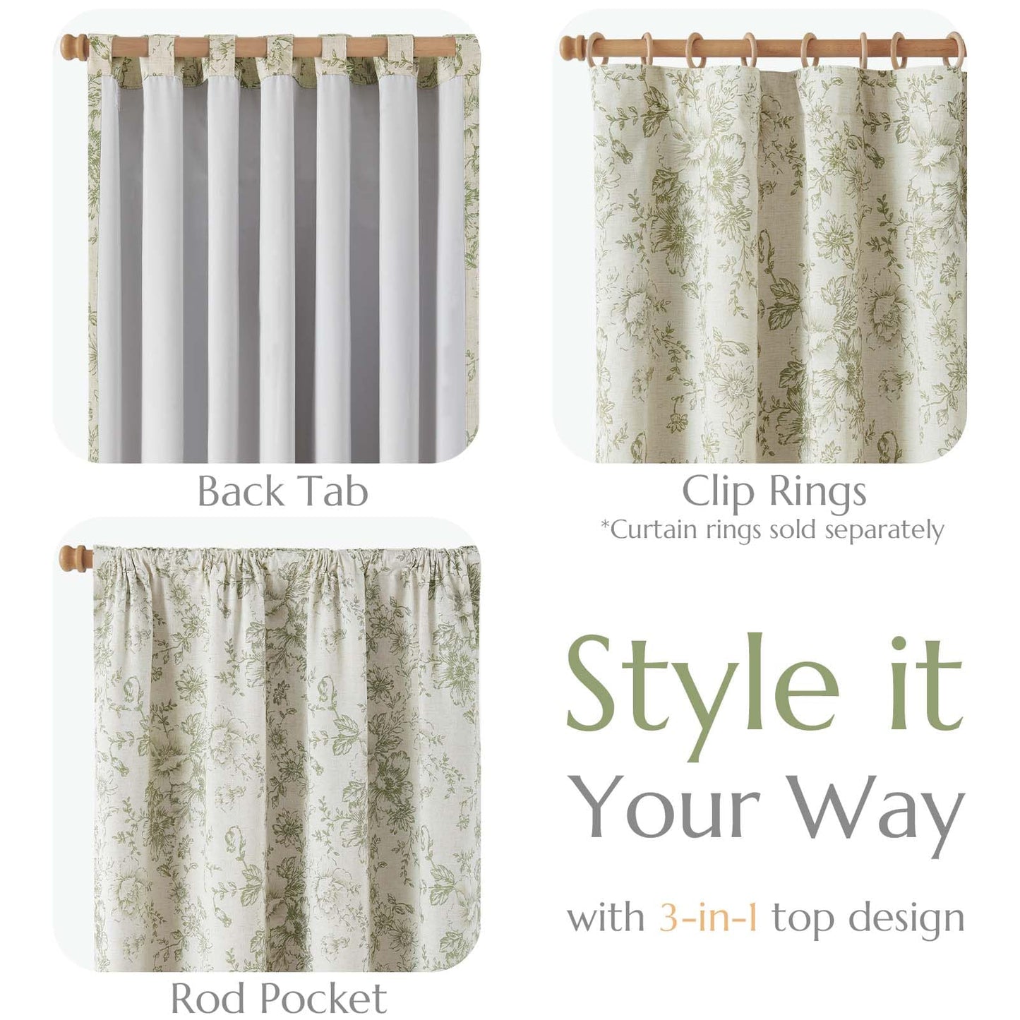 jinchan Blackout Floral Curtains for Living Room Bedroom Linen Blend Curtain Farmhouse Green Printed with Lined Back Tab Rod Pocket Drapes Window Treatments 2 Panels 63 Inch