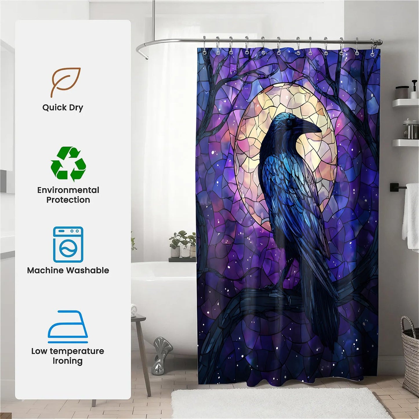 TANGXUNFA Blue and Black Raven Shower Curtain for Bathroom, Water-Resistant Long Shower Curtain Set 72x72 Inch with Metal Grommets and 12 Metal Hooks