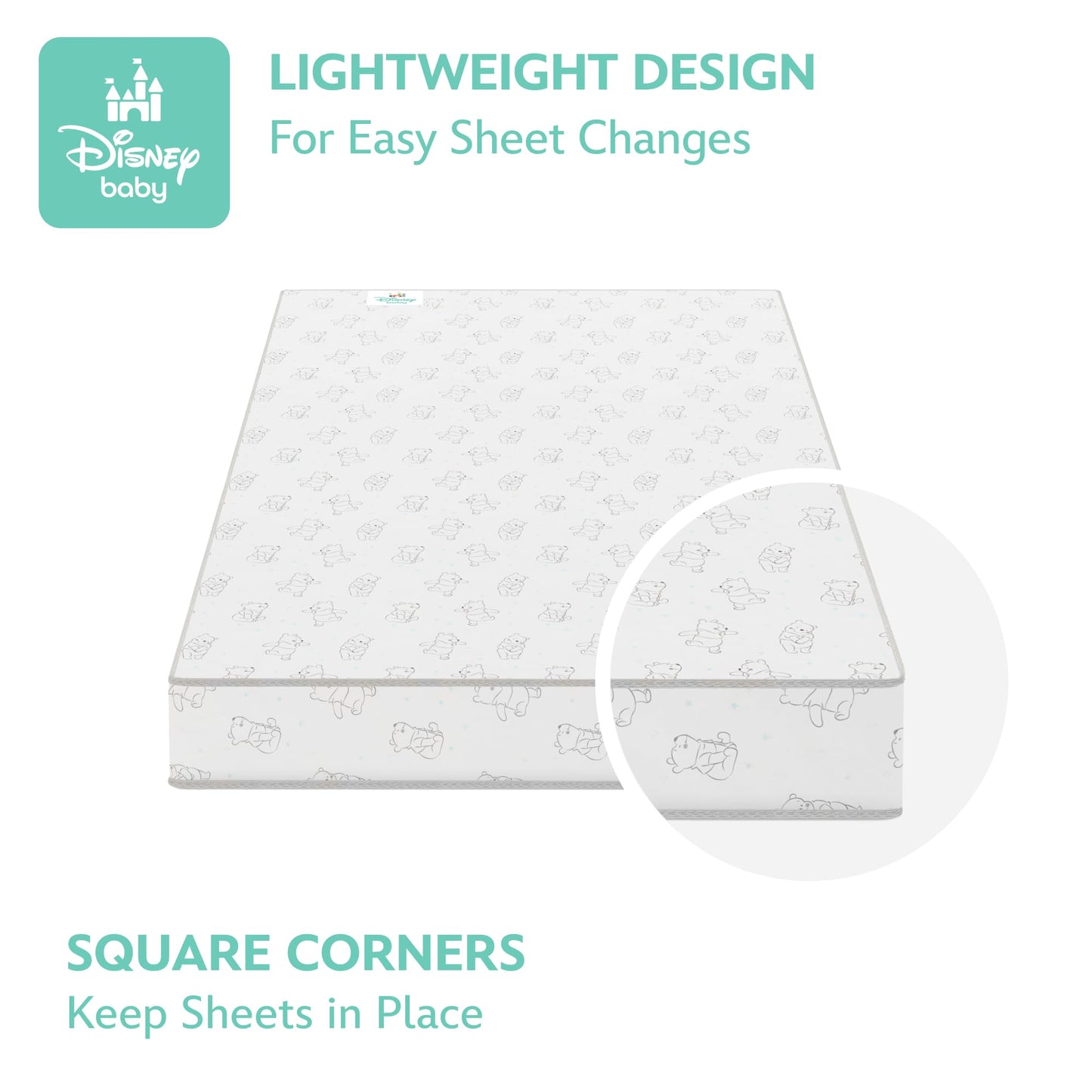 Delta Children - Disney Winnie the Pooh Crib & Toddler Mattress - Dual-Sided - Waterproof - GREENGUARD Gold Certified - Non-Toxic - Lightweight - Made in USA - Sustainable Fiber Core - 52"L x 27.5"W