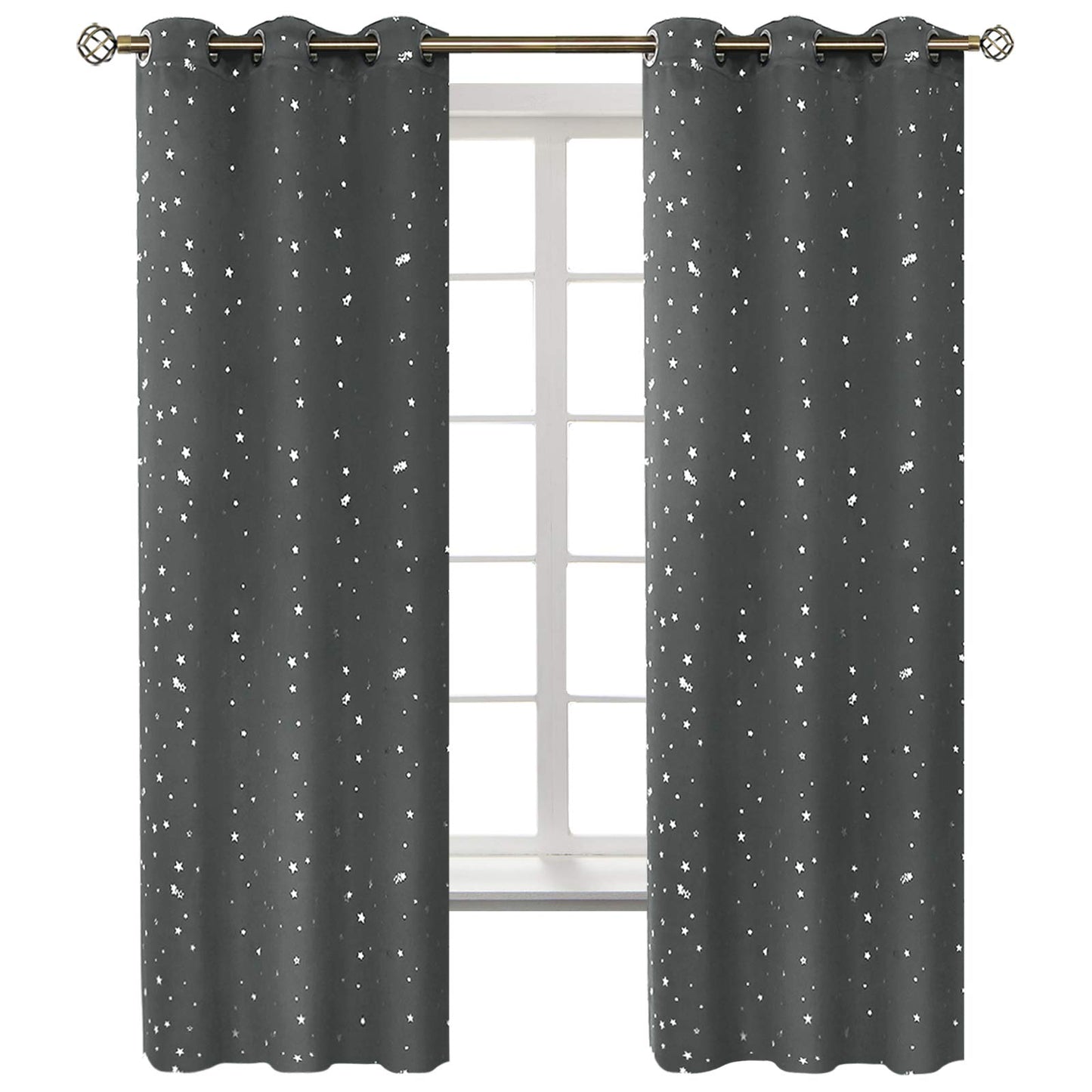 BGment Dark Grey Blackout Curtains for Kid's Bedroom - Grommet Thermal Insulated Room Darkening Silver Star Printed Curtains for Living Room, Set of 2 Panels (42 x 63 Inch, Dark Grey)