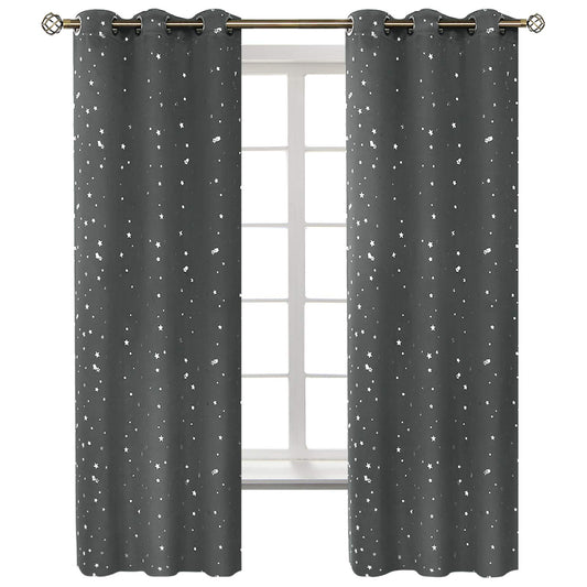 BGment Dark Grey Blackout Curtains for Kid's Bedroom - Grommet Thermal Insulated Room Darkening Silver Star Printed Curtains for Living Room, Set of 2 Panels (42 x 63 Inch, Dark Grey)