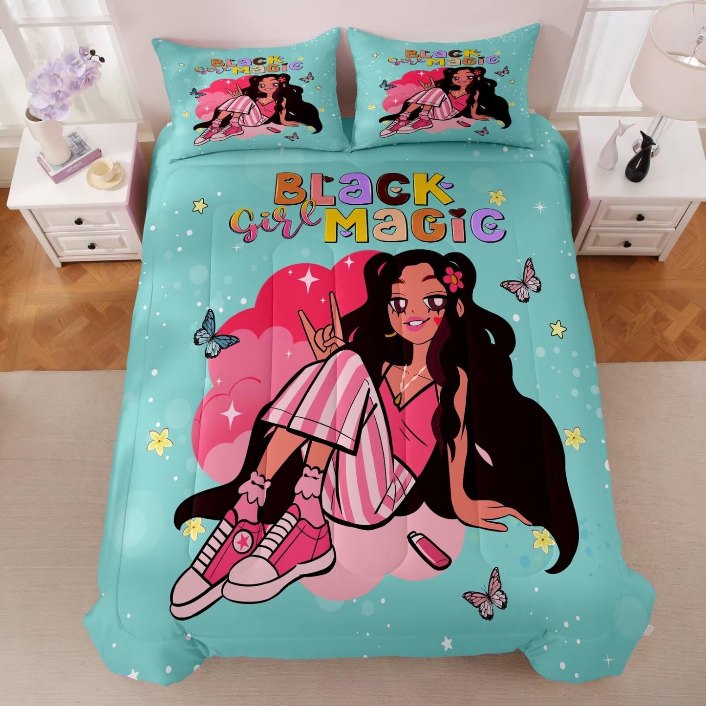 GRAT TIOC Black Girl Comforter Set Twin for Kids Teens,Black Girl Magic Bedding Set,Afro Melanin Bed Bedroom Set