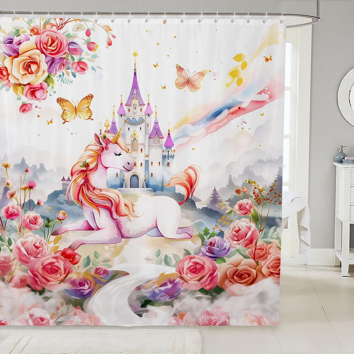 Feelyou Pink Castle Shower Curtain for Bathroom Decor Princess Bath Curtain Dreamy House Bathroom Accessories Fairy Tales Waterproof Polyester Fabric Rainbow for Stalls Bathtubs 72"x84"