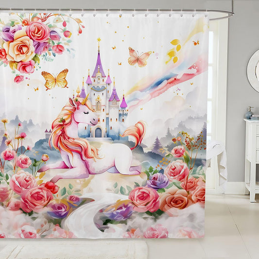 Feelyou Pink Castle Shower Curtain for Bathroom Decor Princess Bath Curtain Dreamy House Bathroom Accessories Fairy Tales Waterproof Polyester Fabric Rainbow for Stalls Bathtubs 72"x84"