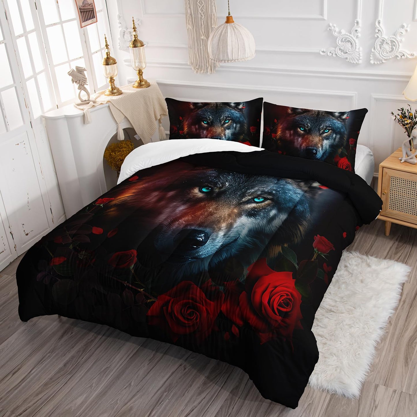 AILONEN Wolf Comforter Set - Queen Size, Red Rose & Brown Animal Duvet Set for Boys & Girls - 3 Pieces: 1 Quilt, 2 Pillowcases