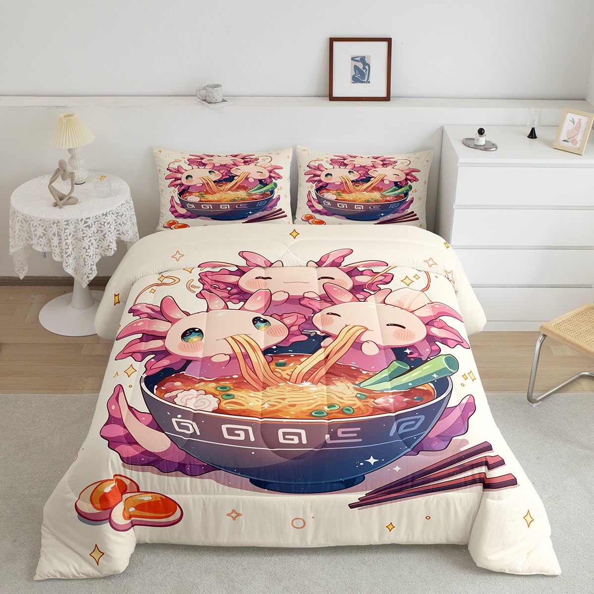 Erosebridal Funny Axolotl Queen Bedding Set,Ramen Noodle Comforter Set Ramen Gifts for Kids Boys Girls,Japanese Food Quilt Bed Set Cute Animal Bedding Comforter Sets with 2 Pillowcases Room Decor