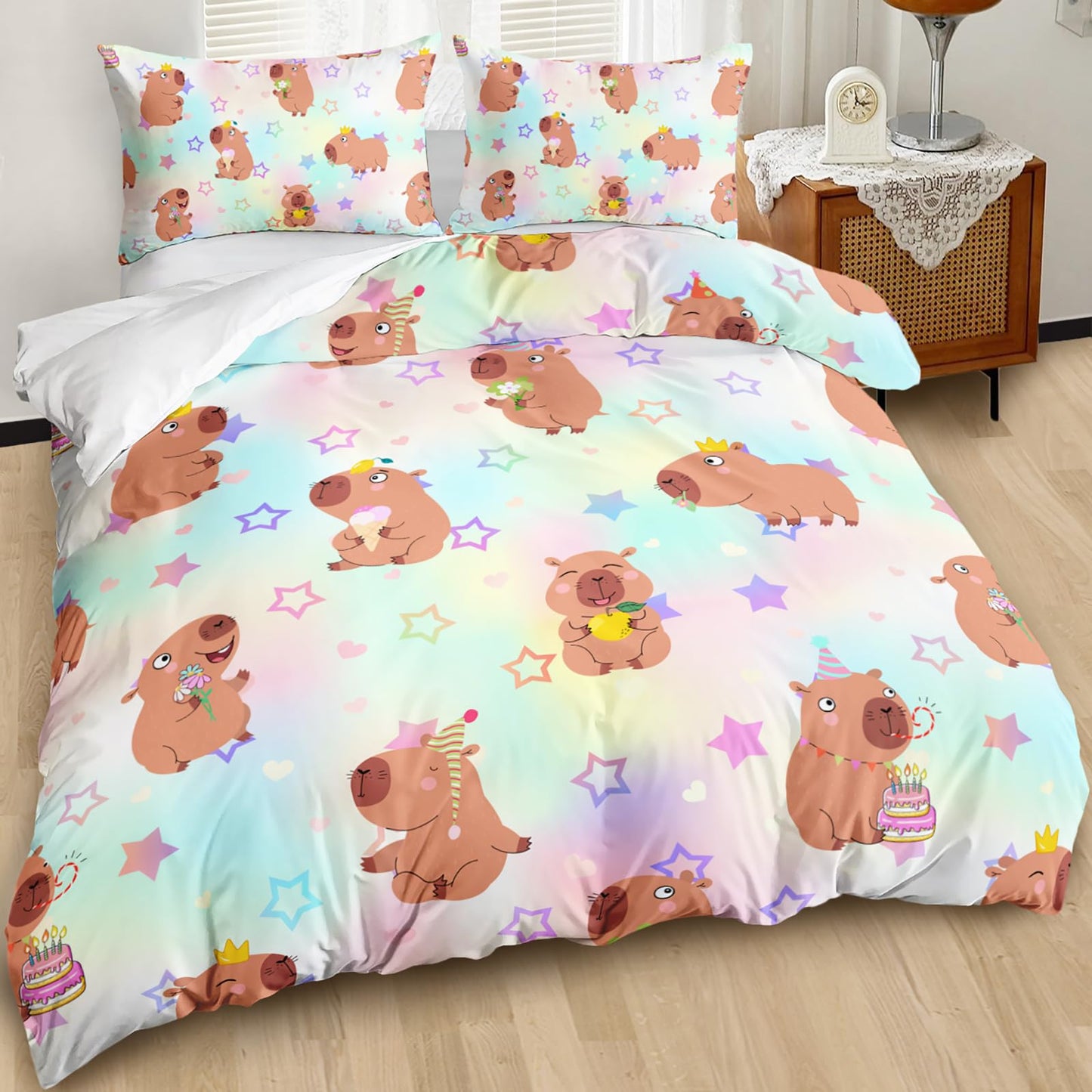 AILONEN Kawaii Capybara Duvet Cover Set Full Size,Cute Cartoon Capybara Rainbow Bedding Set for Girls Kids,Lovely Animal Star Quilt Cover & 2 Pillowcases-3 Pieces