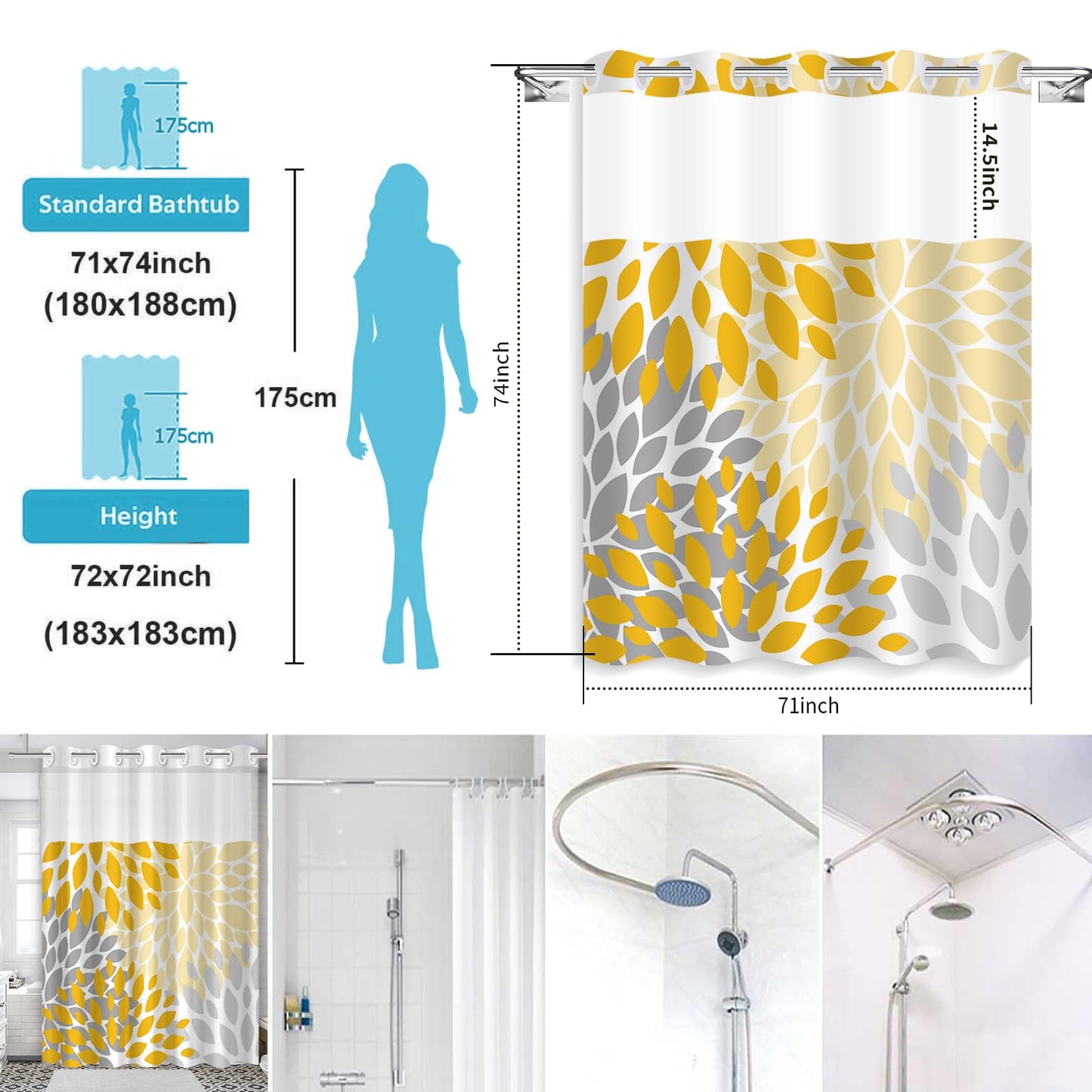 Mowxune No Hook Shower Curtain,Deluxe Yellow Dahlia Floral Shower Curtains for Bathroom,Hotel Style Aesthetic Decor,Gray Petal Pattern,Stylish Floral,with White Removable Liner,71x74 inches